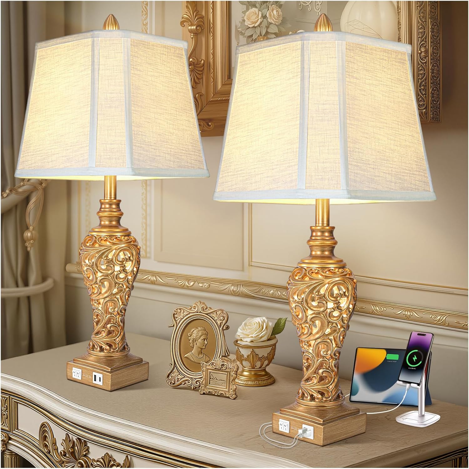 USB Beige Bedside Lamp — 28.5" — Antique Gold-Set of 2