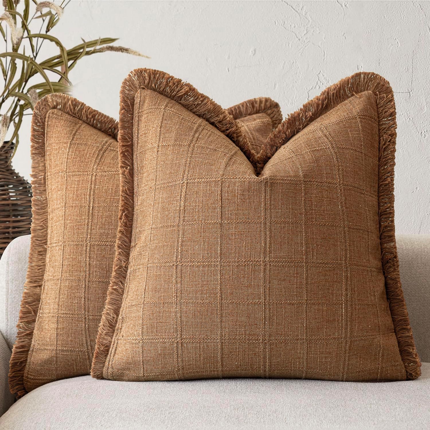Linen Boho Beige Throw Pillow Cover — 18" — 16" x 16" (Pack of 2)