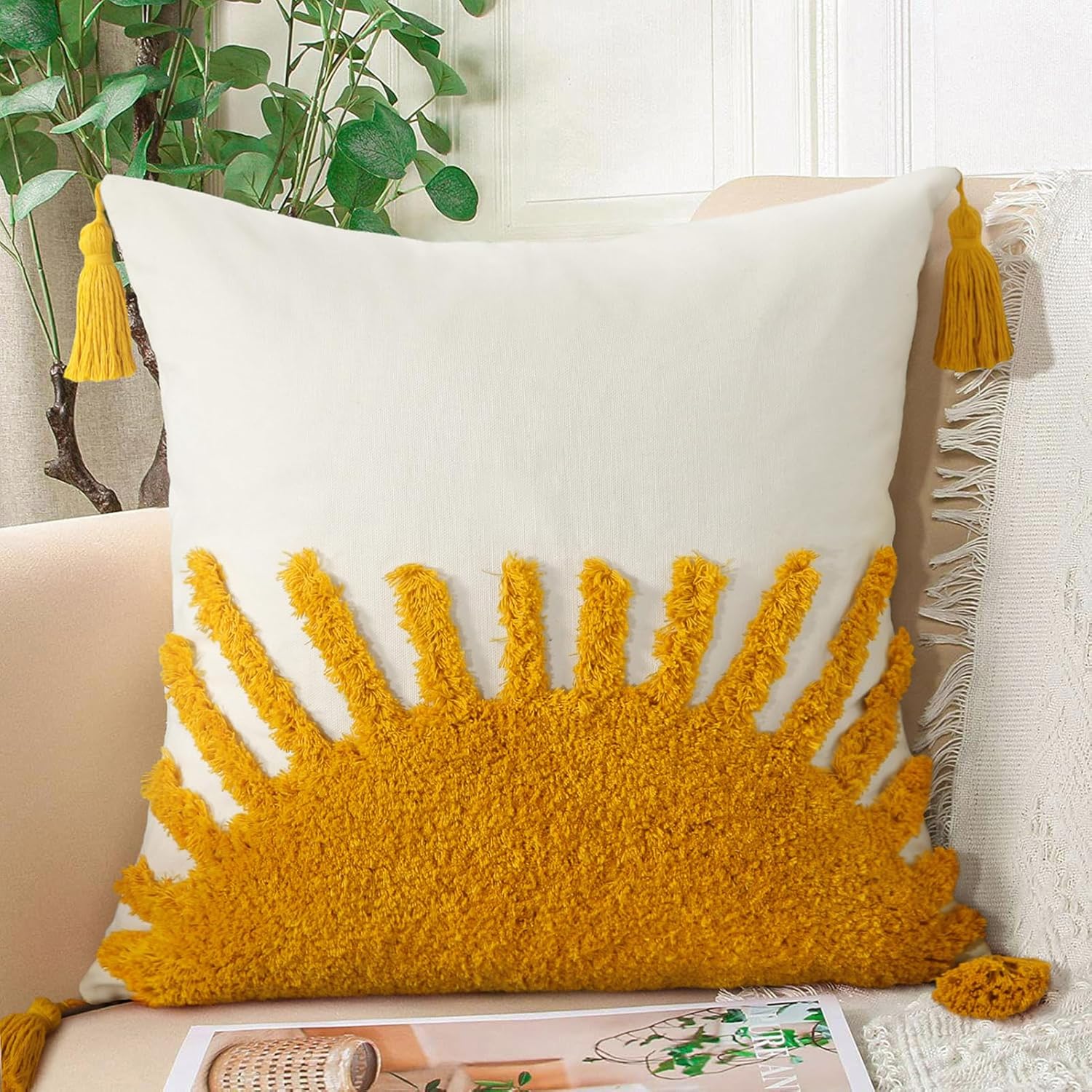 Tufted Boho Beige Throw Pillow Cover — 20" — Yellow and White