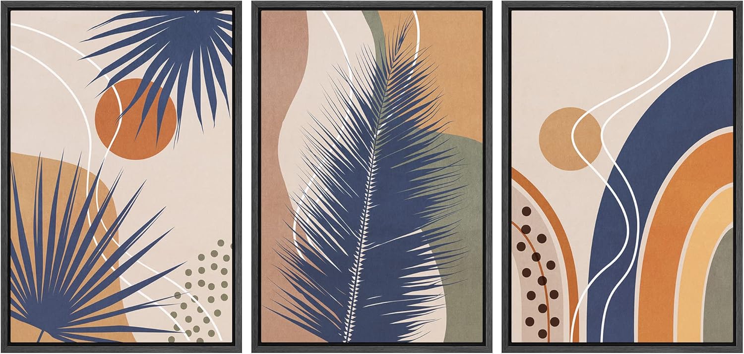 Framed Mid-Century Fabric Wall Art — 24" — 24" x 36" x 3 Panels BLACK
