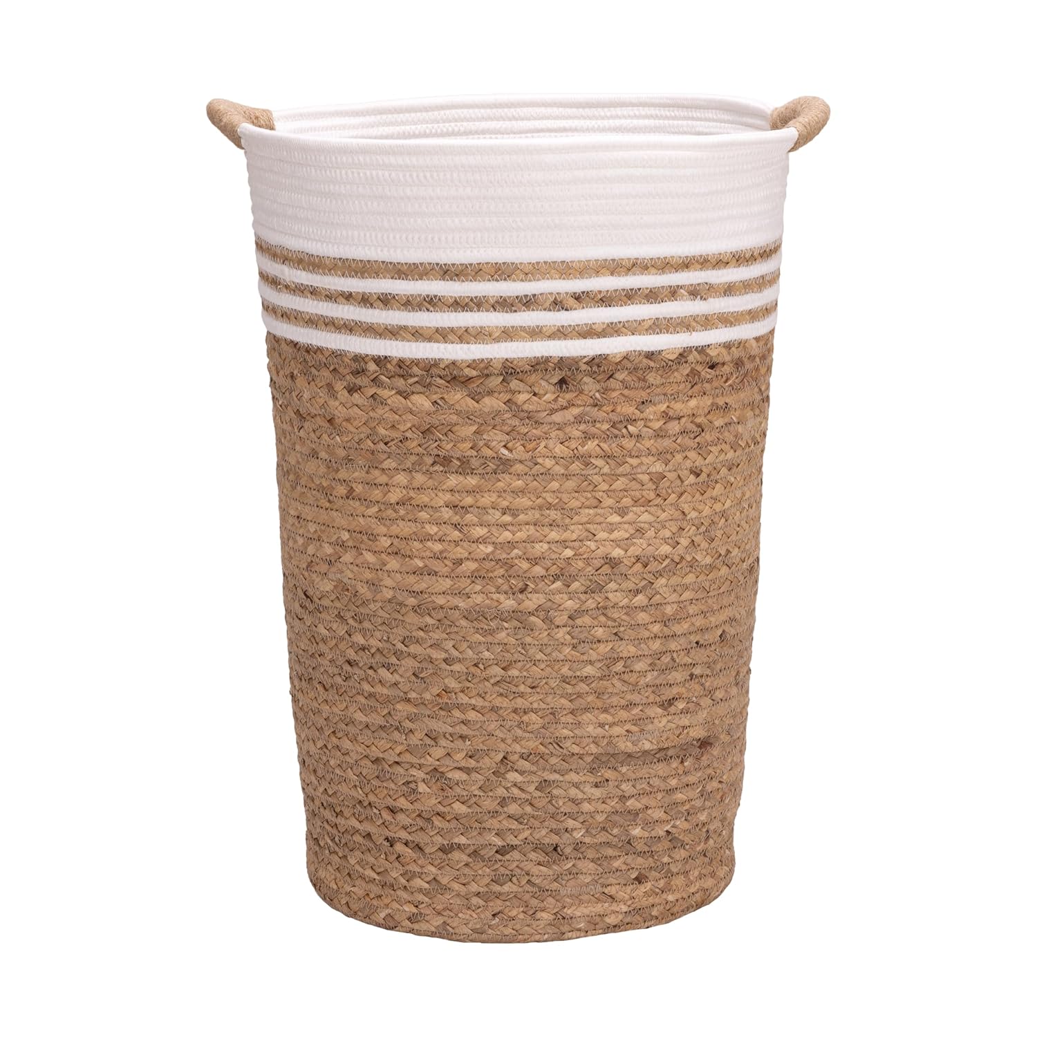 Handwoven Boho Beige Basket — Natural Water Hyacinth and White Rope