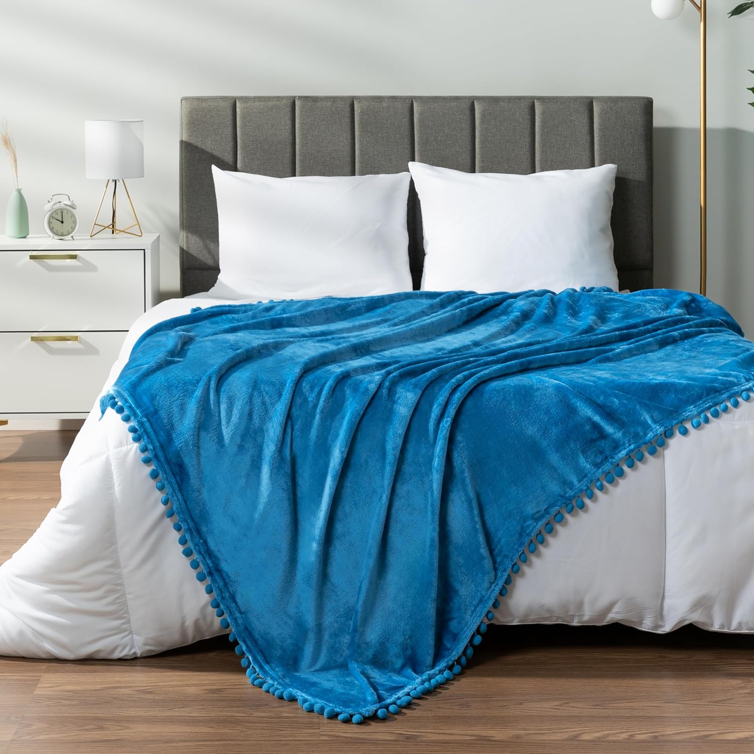 Pom Pom Beige Throw Pillow — 50" — Teal Blue