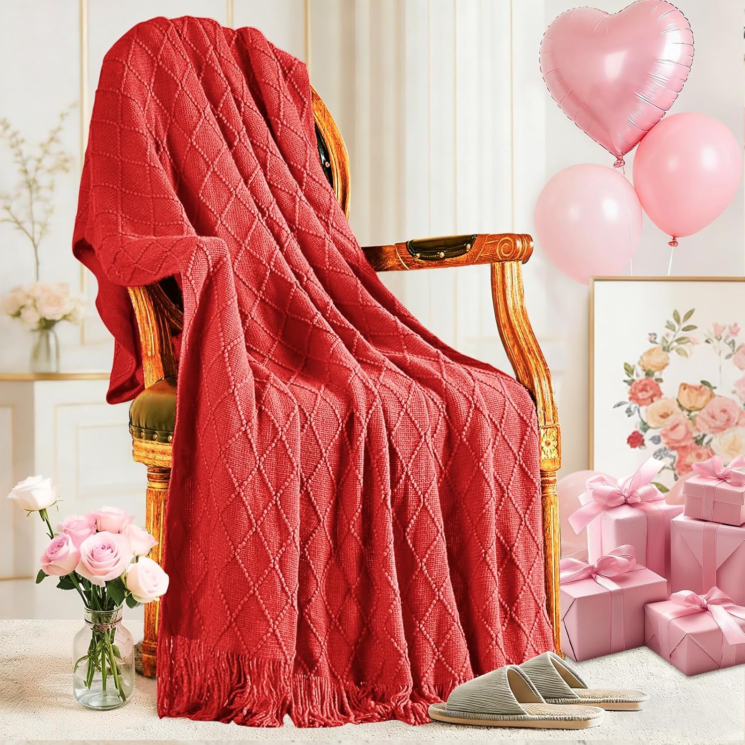 Boho Beige Throw Pillow — 50" — Red