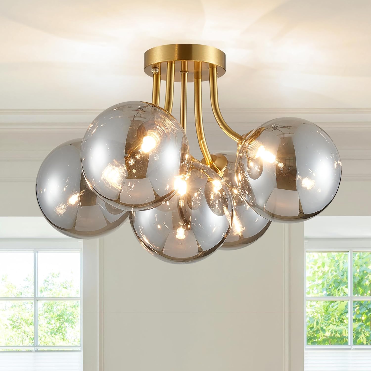 Modern Gold Chandelier — Grey with Brass Canopy 5 Lights