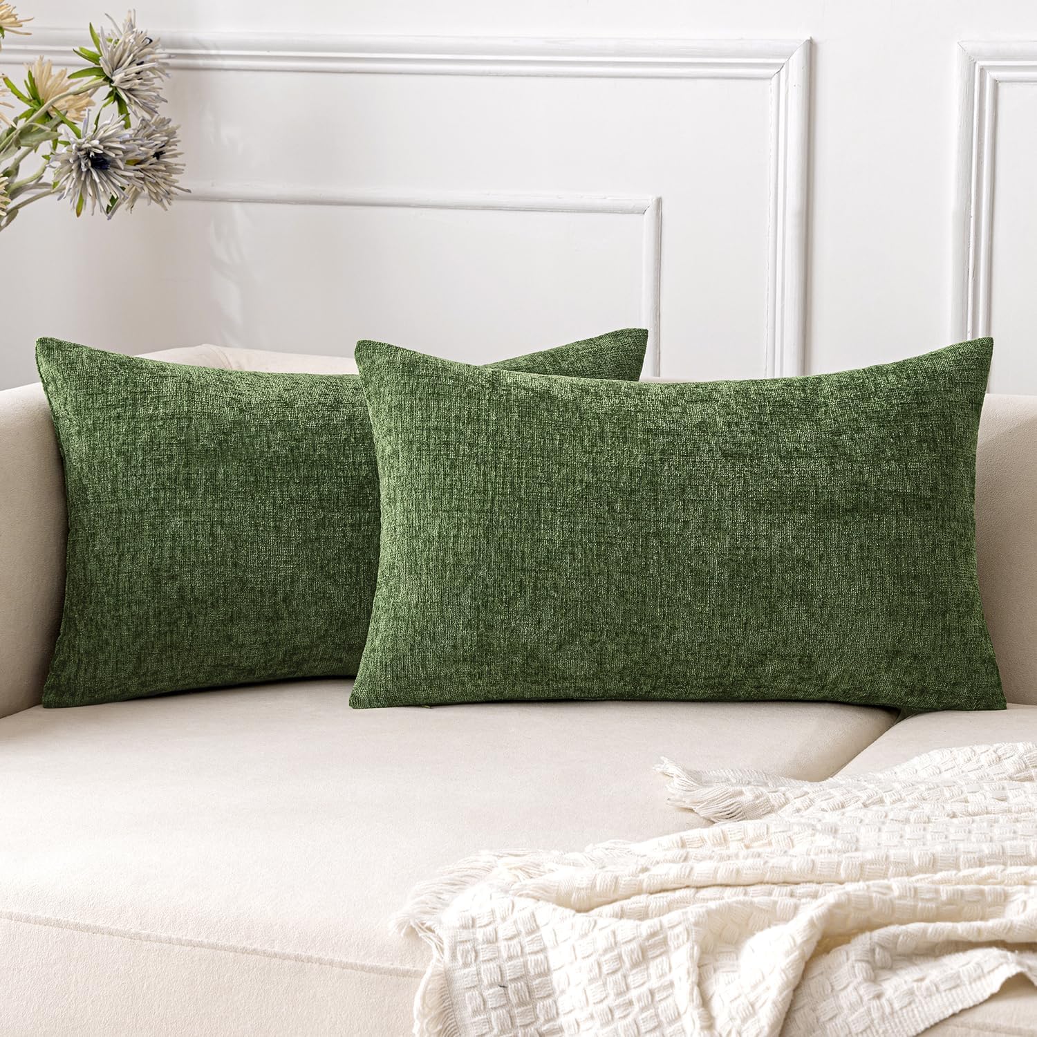 Chenille Boho Beige Throw Pillow Cover — 18" — Moss Green
