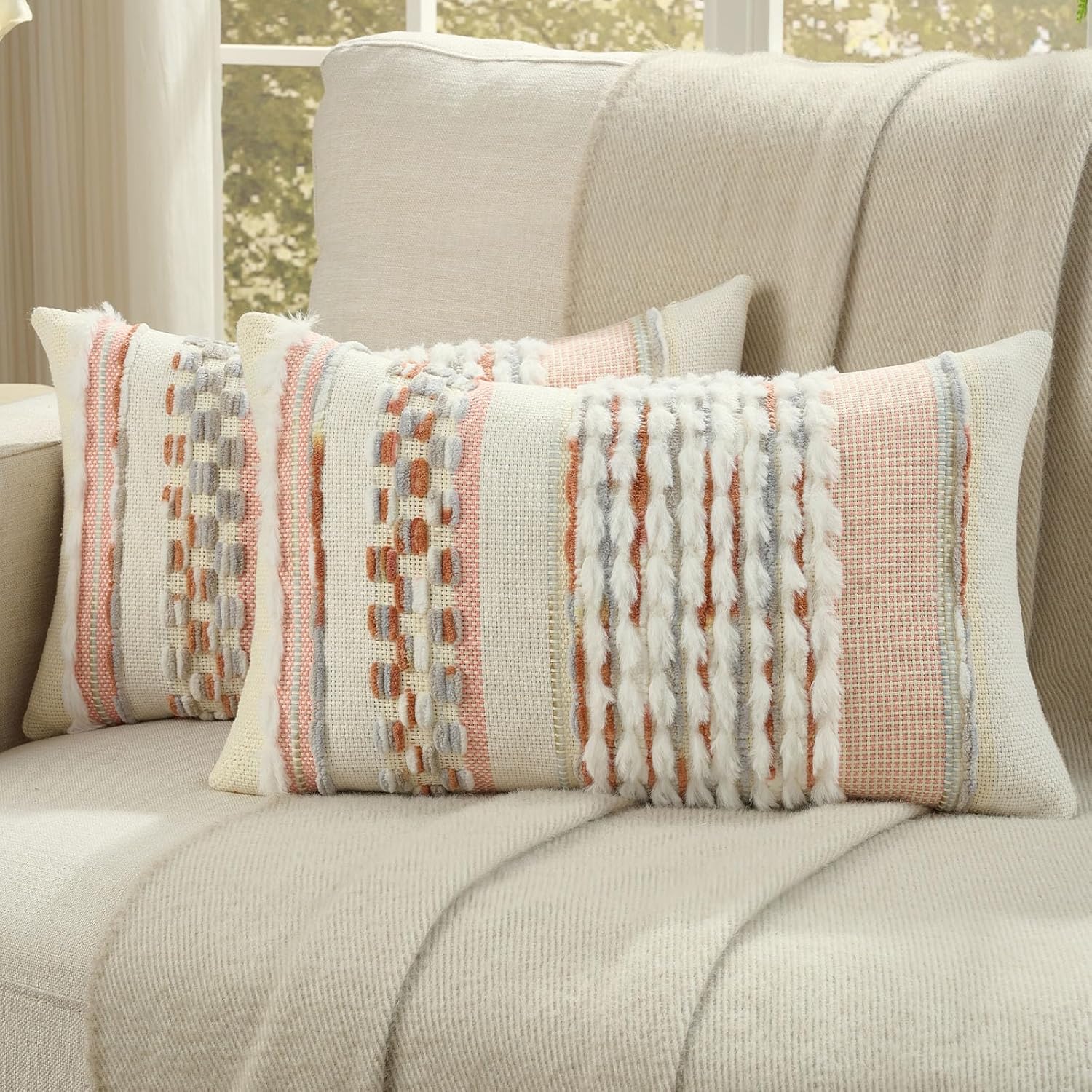 Tufted Boho Beige Throw Pillow Cover — 18" — Grey Blue+coral