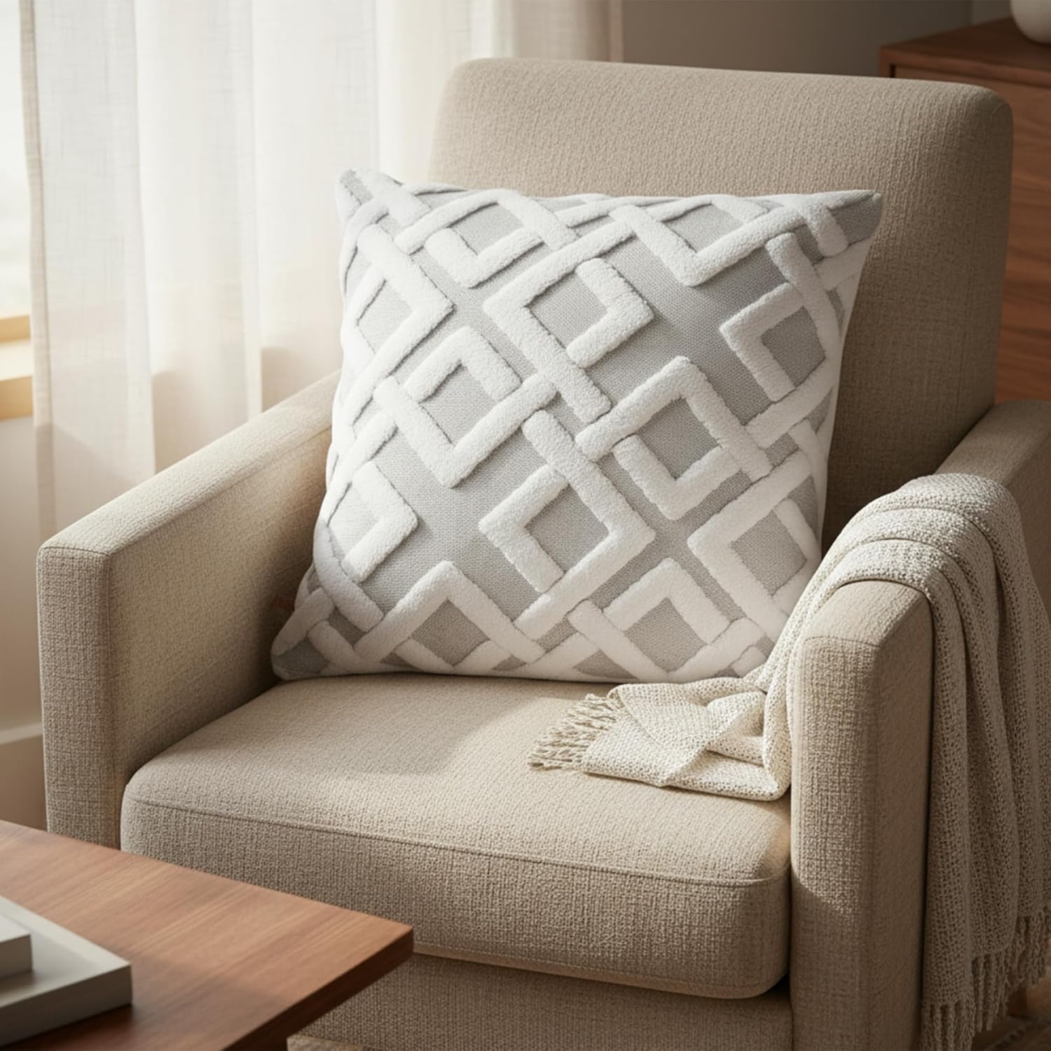 Boho Beige Throw Pillow Cover — 18" - View 7