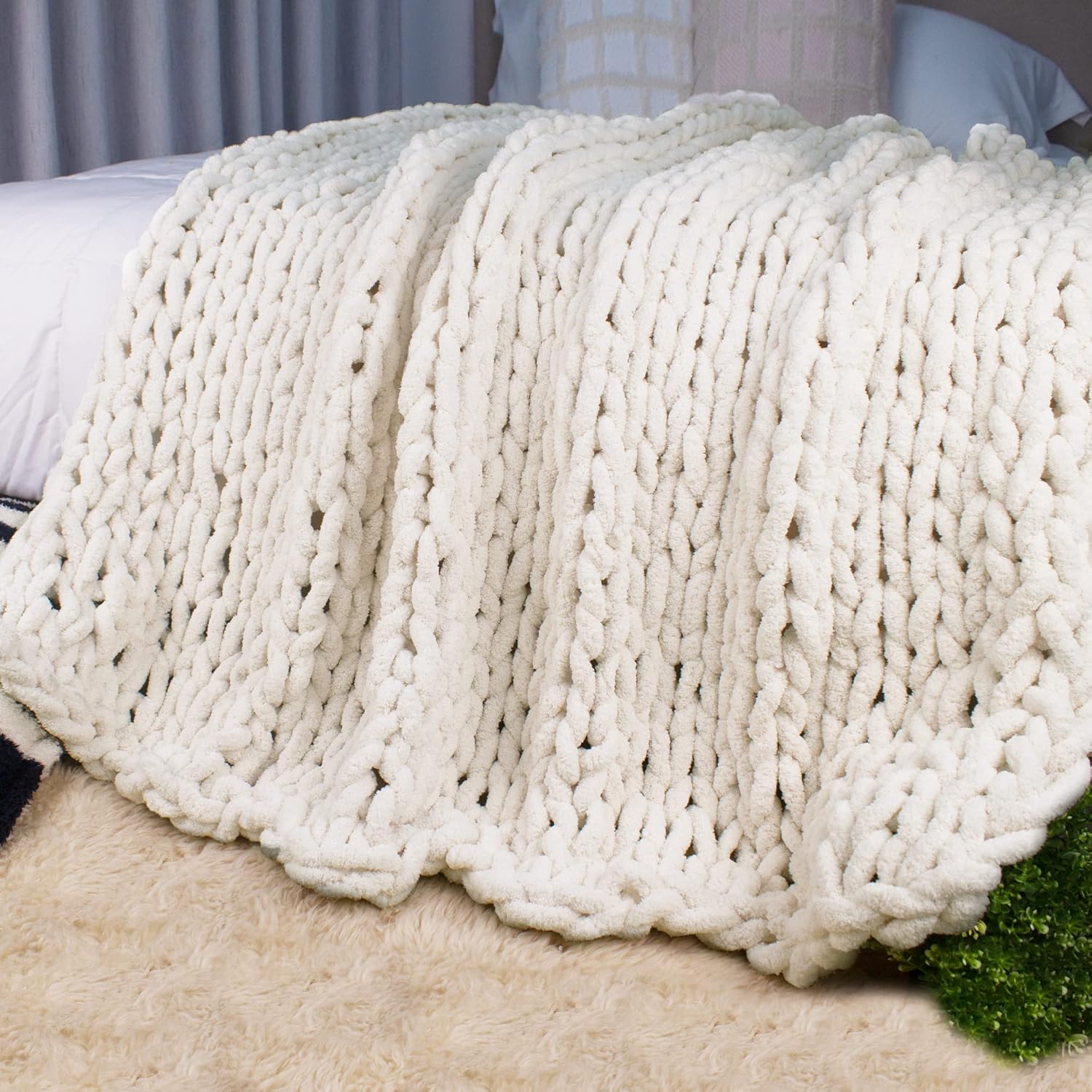 Knit Boho Beige Throw Pillow — 50" — Cream White