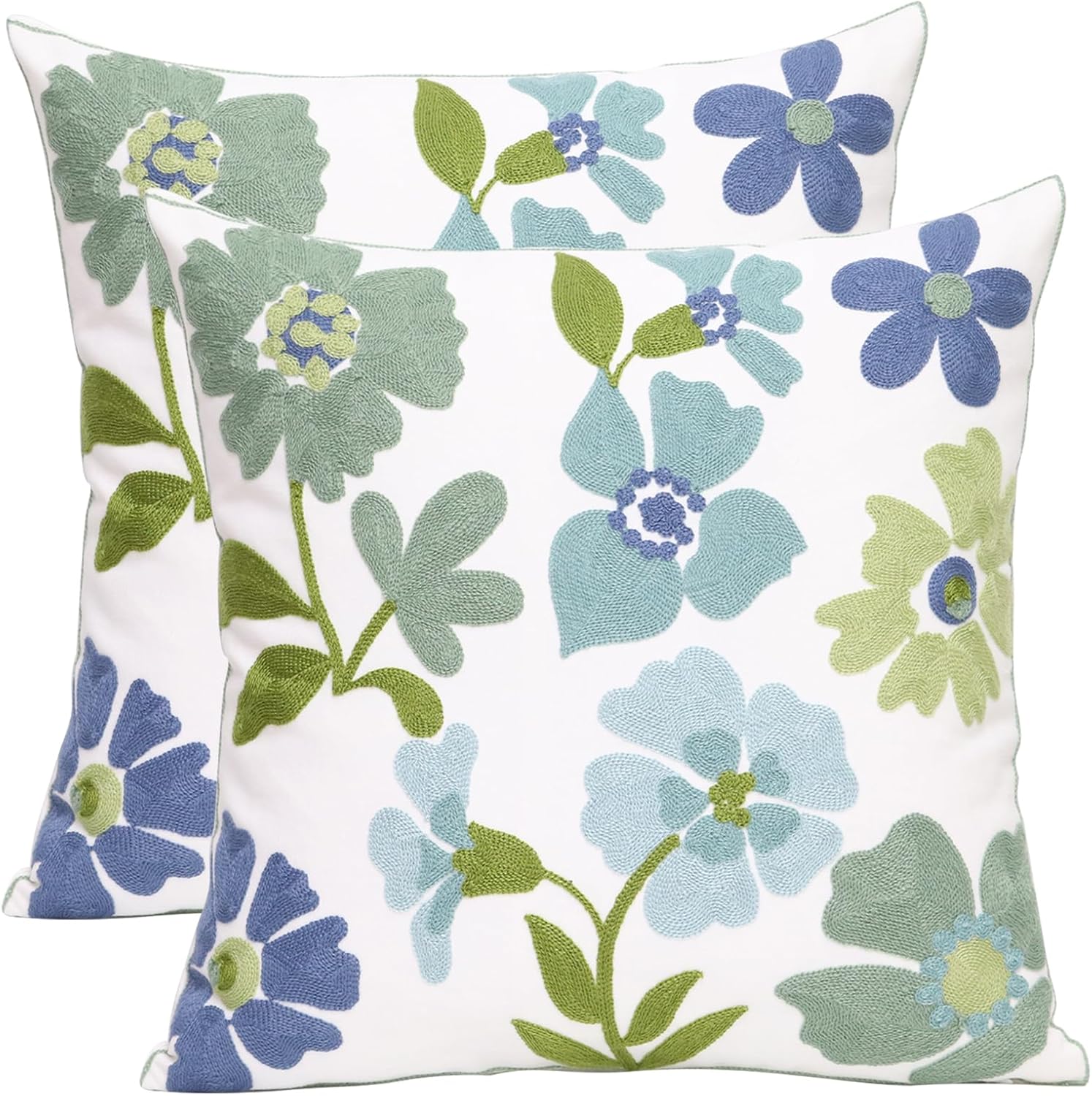Embroidered Boho Blue Throw Pillow Cover — 18" — Grass Flower