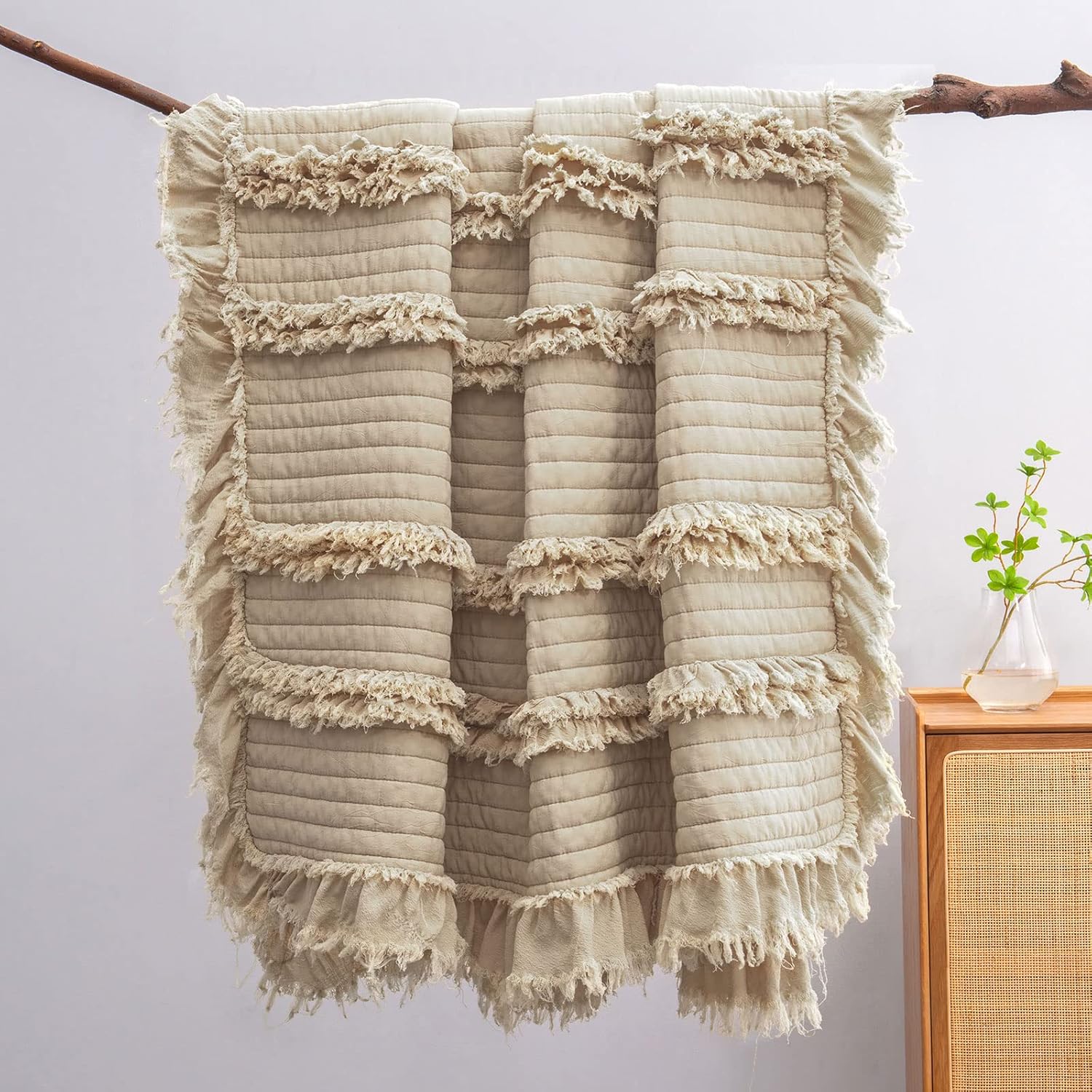 Fringed Boho Beige Throw Pillow — 50" — Beige