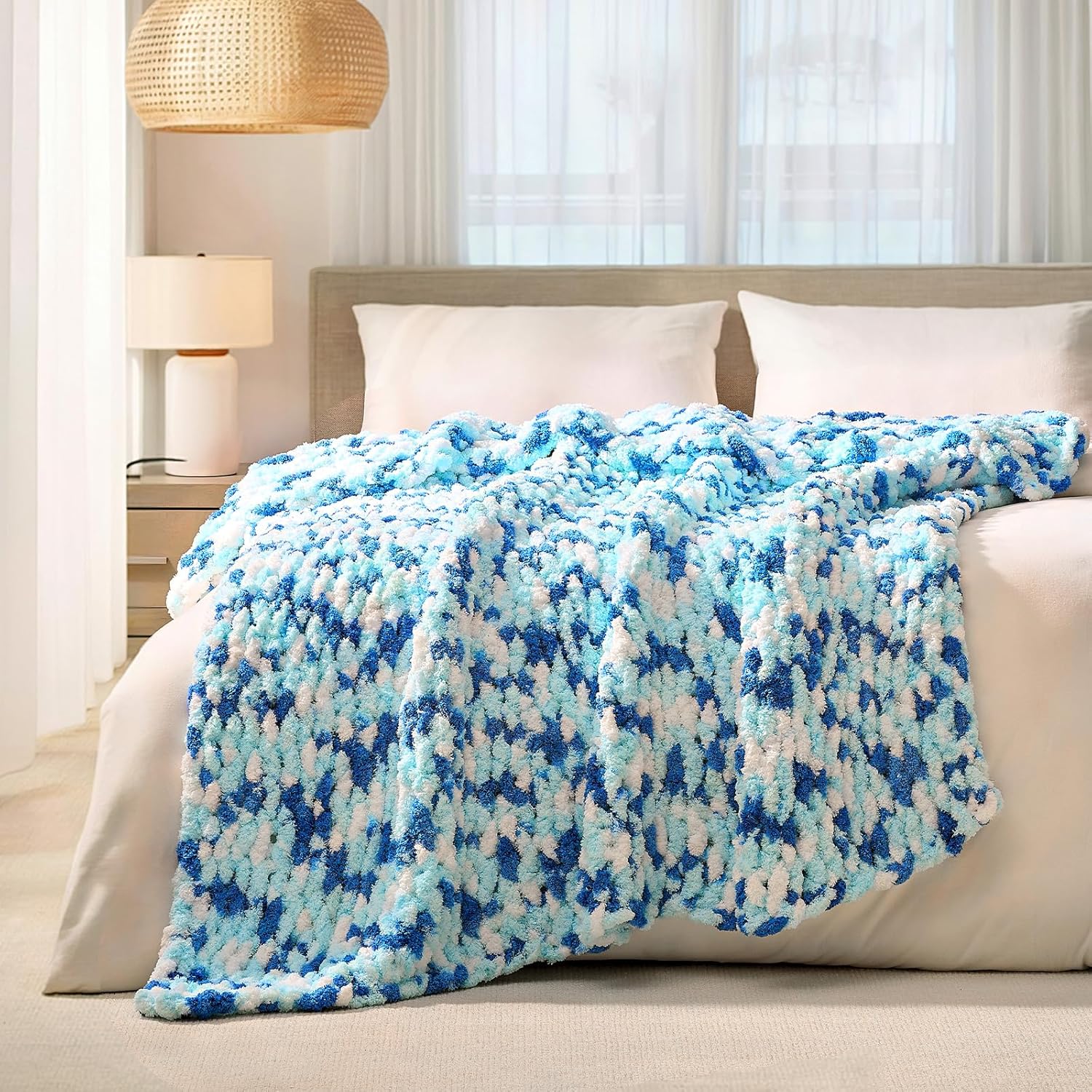 Knit Beige Throw Pillow — 50" — Blue and White