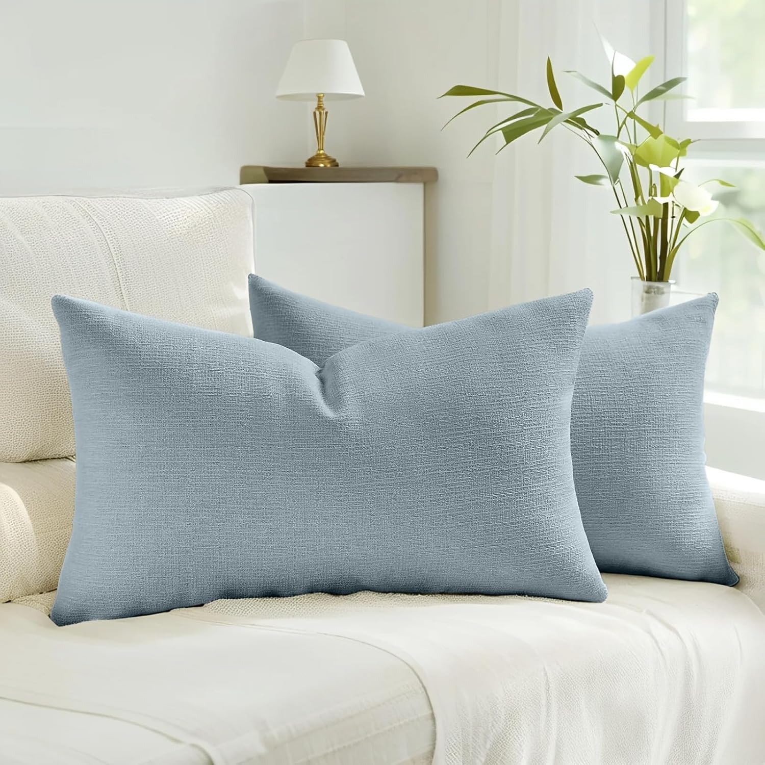 Linen Boho Beige Pillow Cover — 18" — Denim Blue