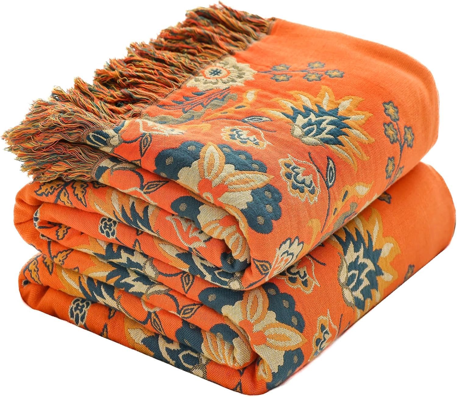 Boho Blue Throw Pillow — 50" — Orange Flower