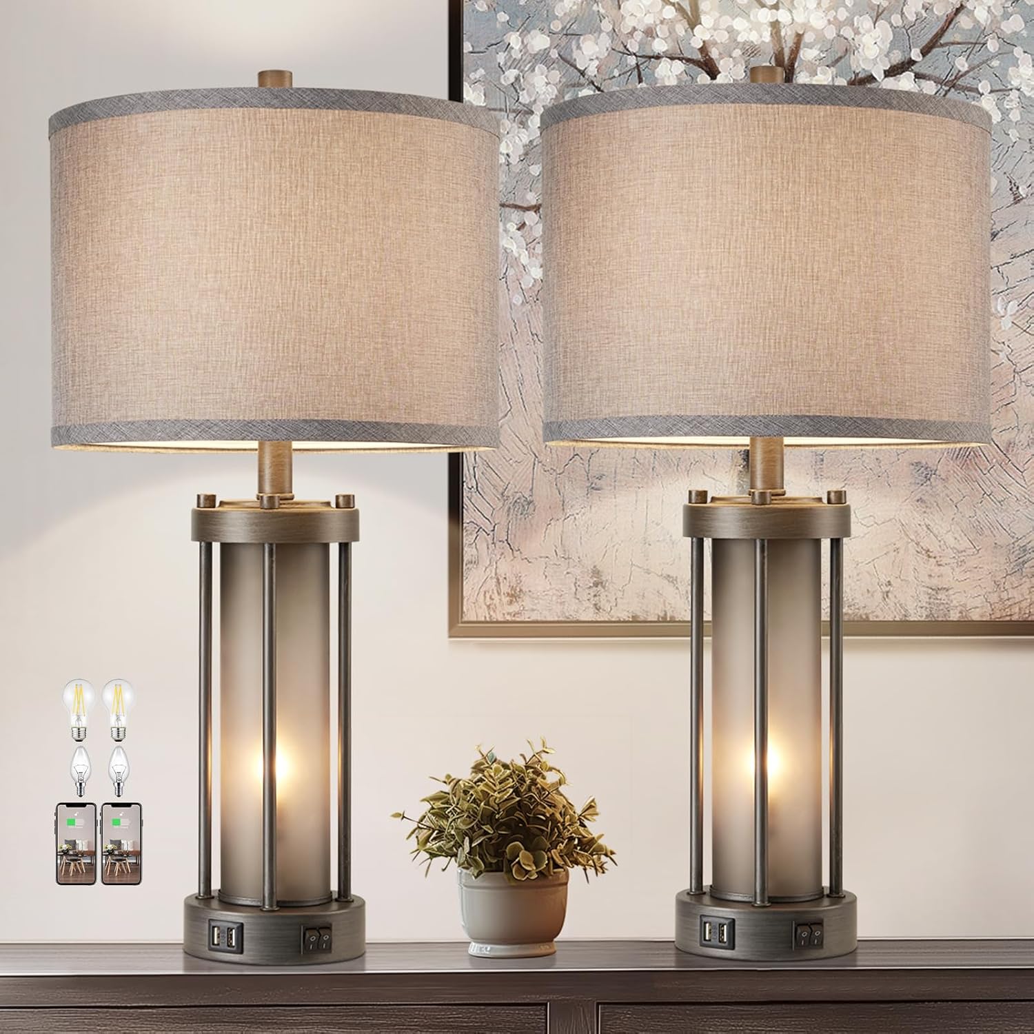 USB Charging Farmhouse Black Desk Lamp — Gray