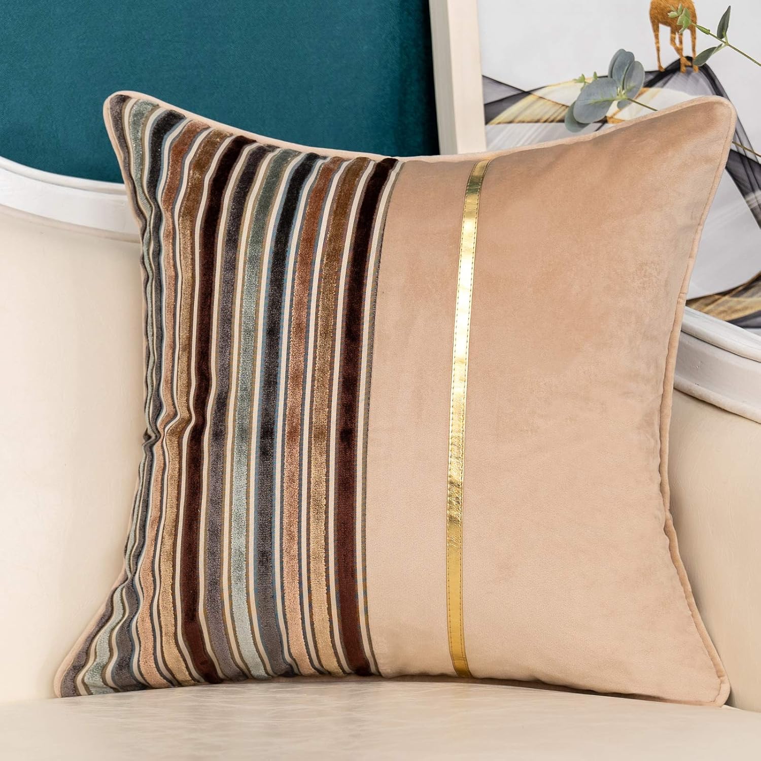Velvet Boho Beige Throw Pillow Cover — 20" — Brown Patchwork
