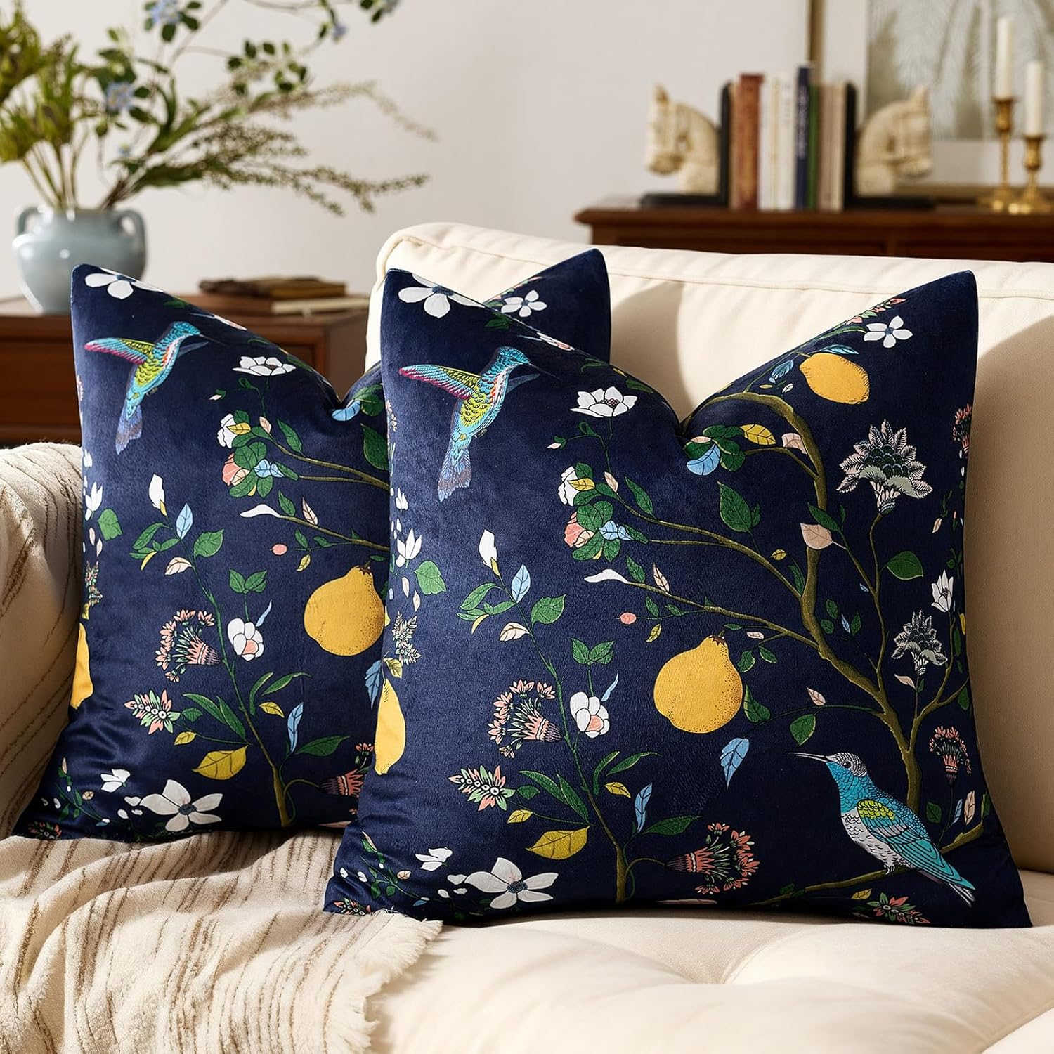 Velvet Boho Beige Pillow Cover — 20" — Navy Blue