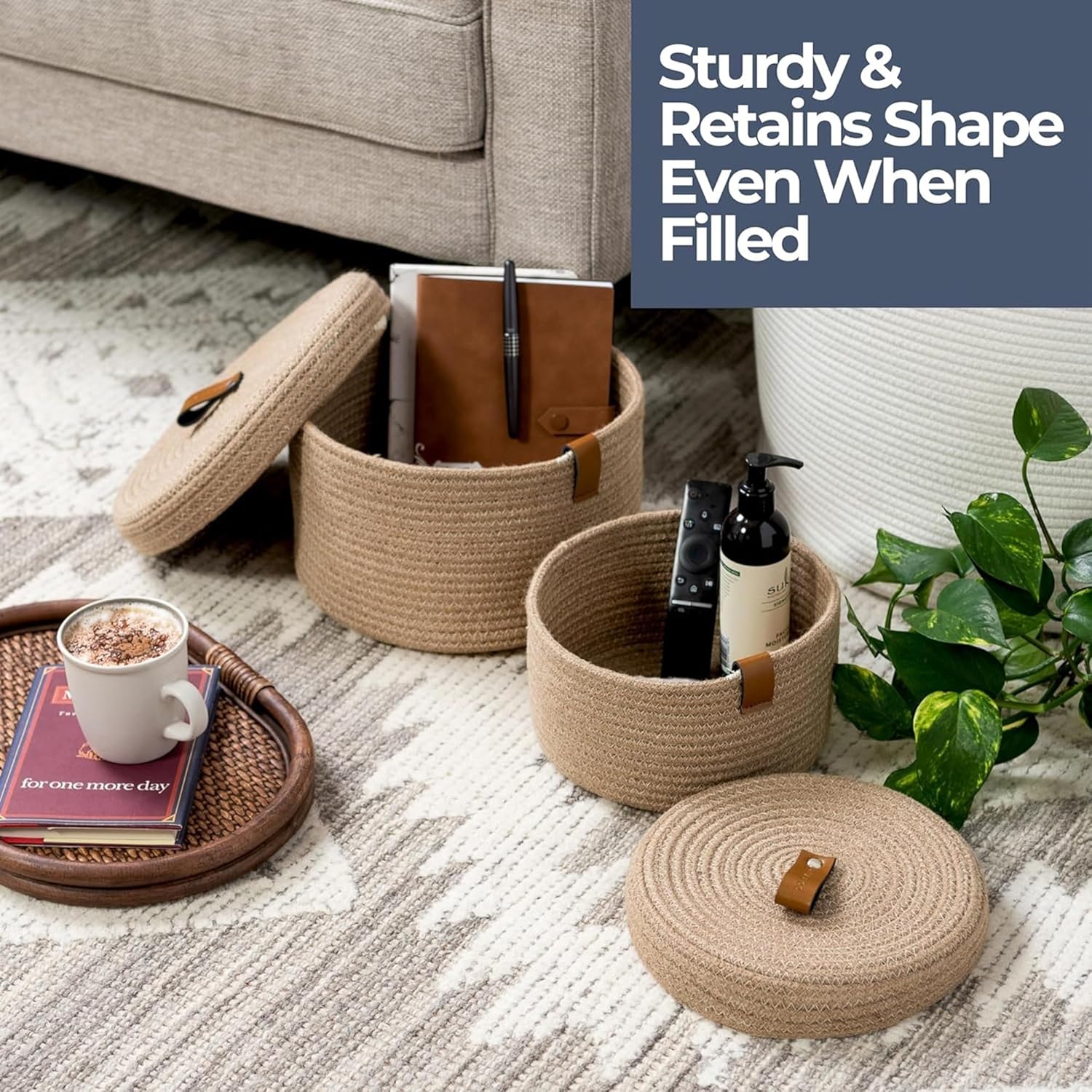 Round Boho Brown Woven Basket — Set of 2 - View 5