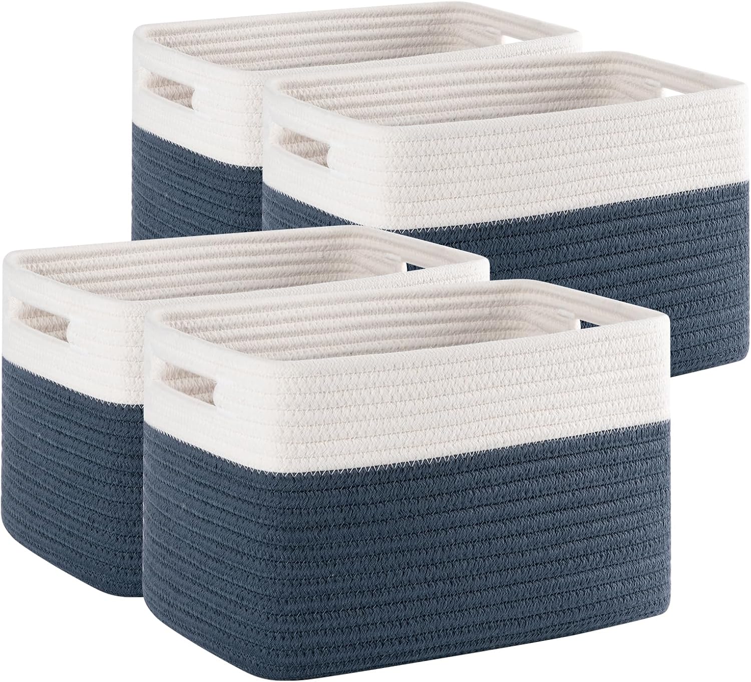 Boho Black Woven Basket — 12.7" — Blue & White