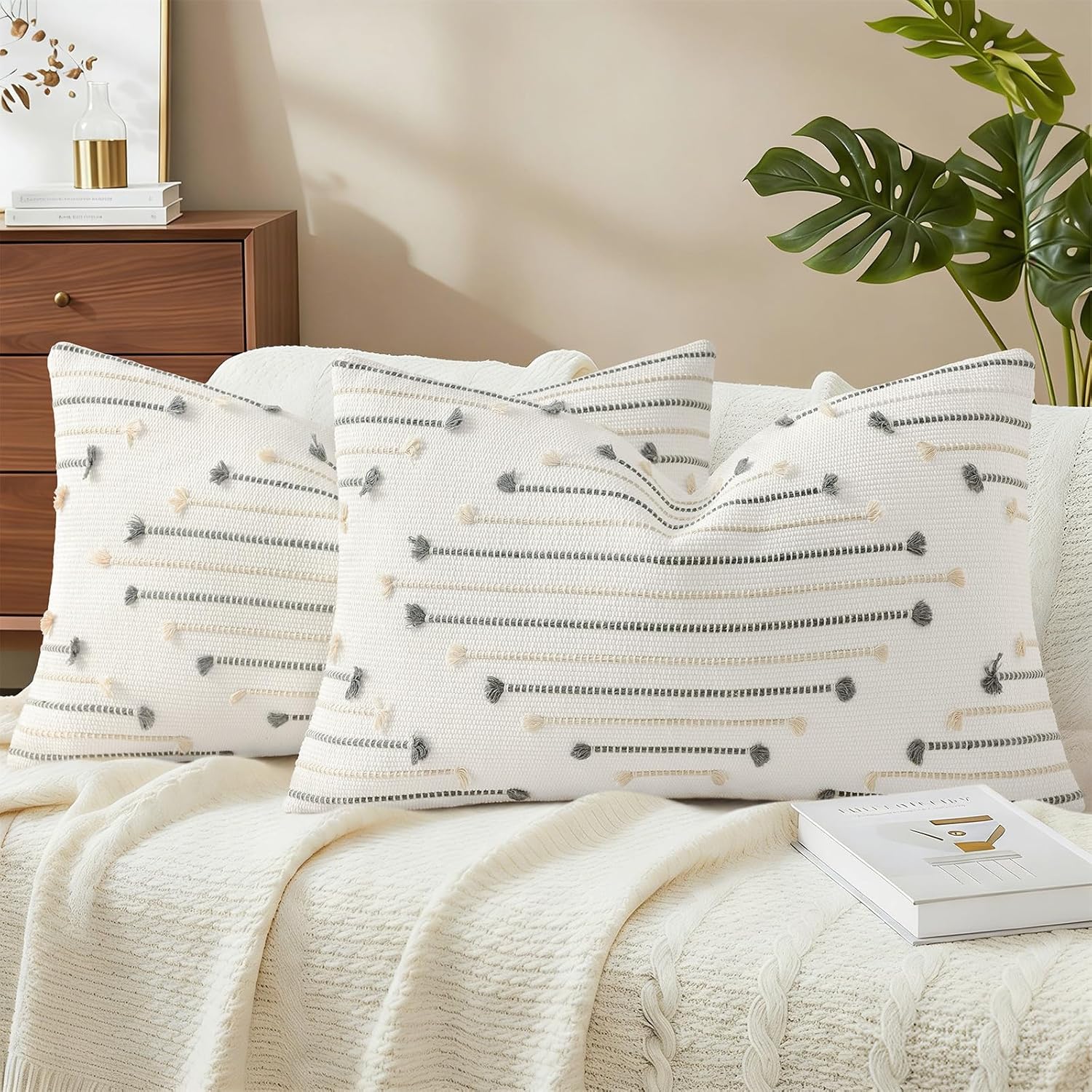 Boho Beige Throw Pillow Cover — 18" — Beige and Grey