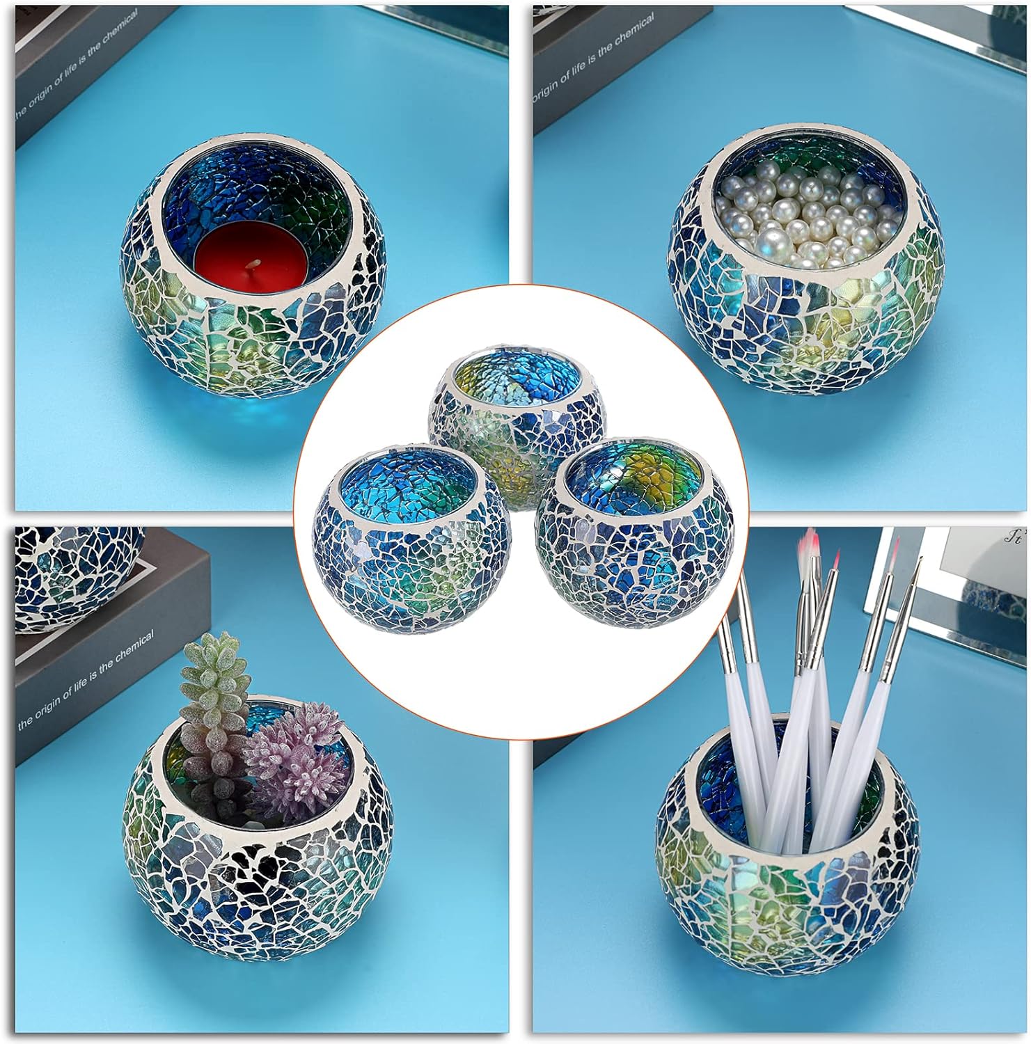Round Blue Pillar Candle — Set of 3 - View 5