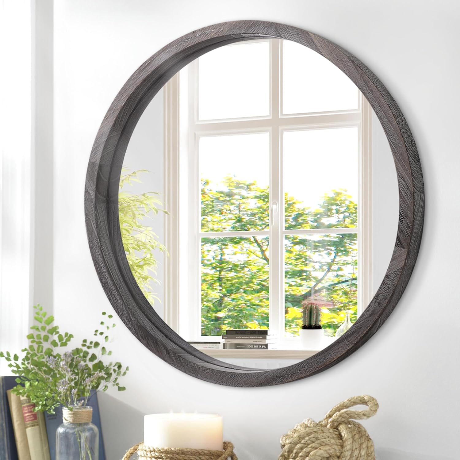 Round Farmhouse Black Wall Mirror — 24" — 16"L x 16"W