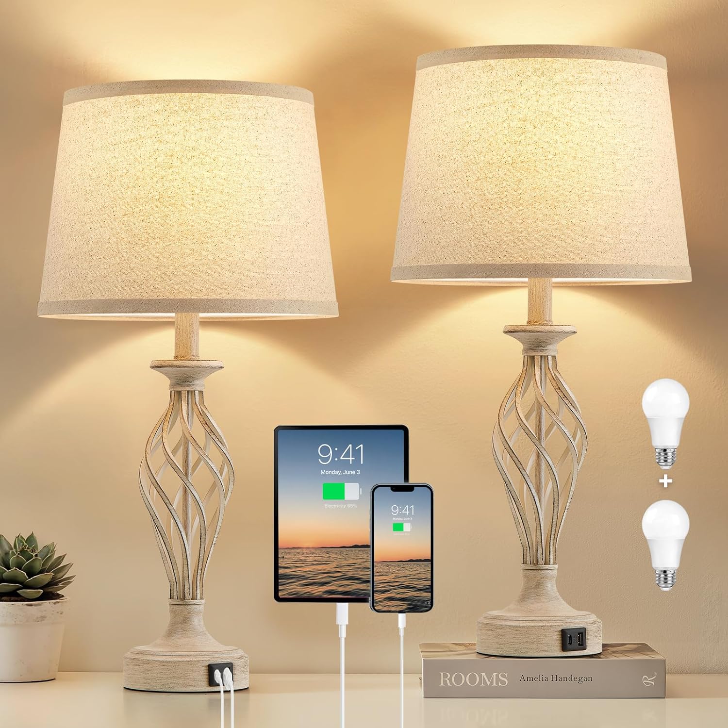 USB Modern Beige Bedside Lamp — Set of 2 — Beige Base + Light Oat Color Shade