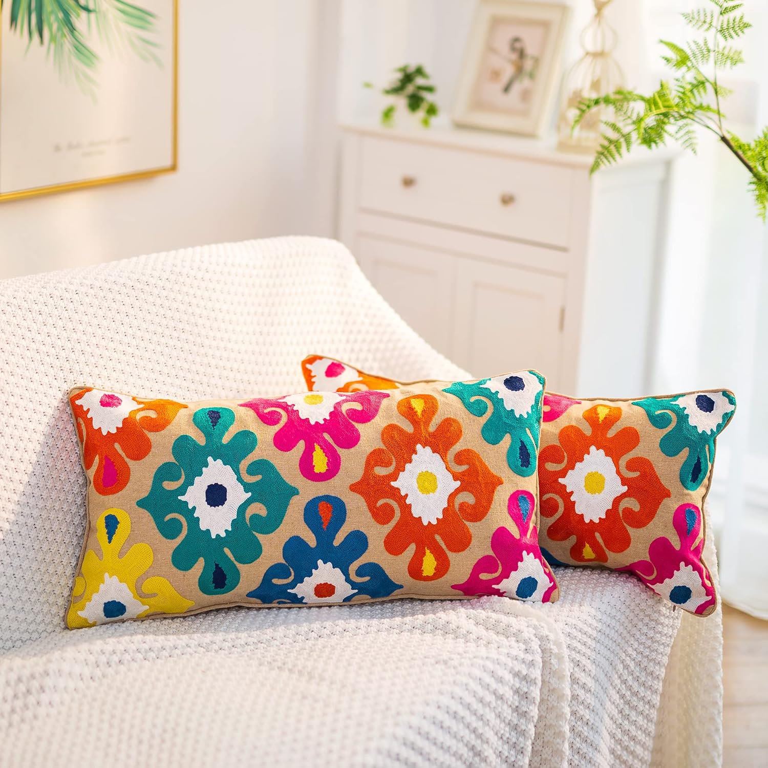 Embroidered Boho Blue Throw Pillow Cover — 18" — Color Pattern