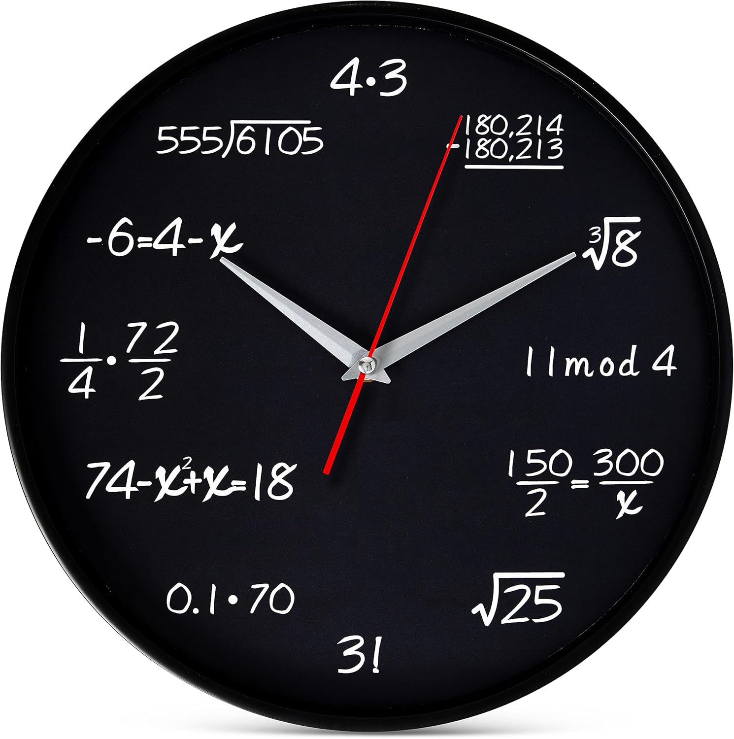 Battery Operated Modern Metal Wall Clock — 12" — Math Equations