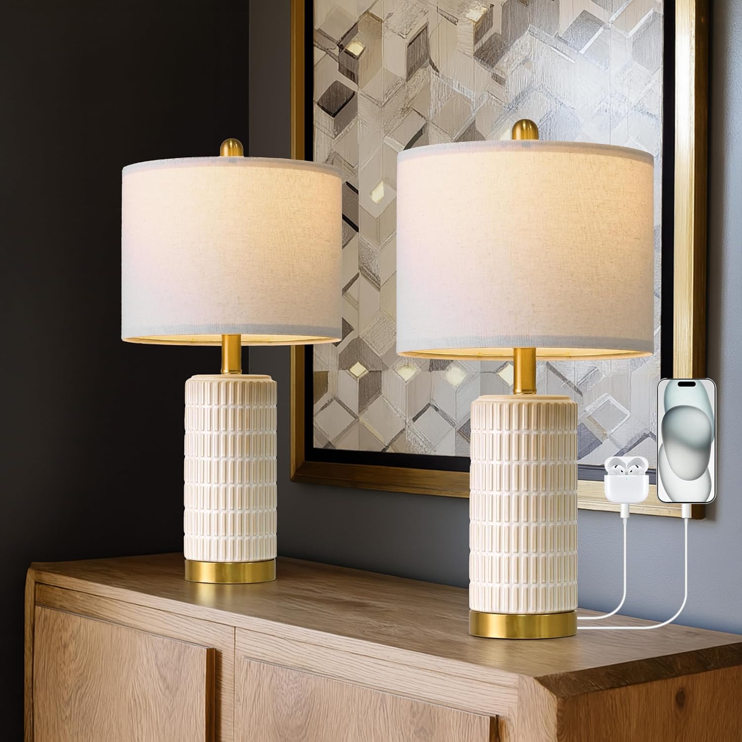 Farmhouse Beige Bedside Lamp — 20.75" — 21.5'' Small - White and Beige