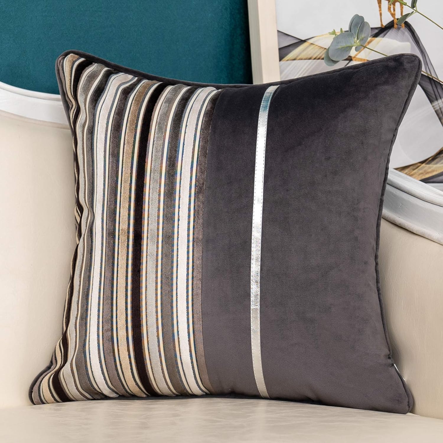 Velvet Boho Beige Throw Pillow Cover — 20" — Grey Patchwork