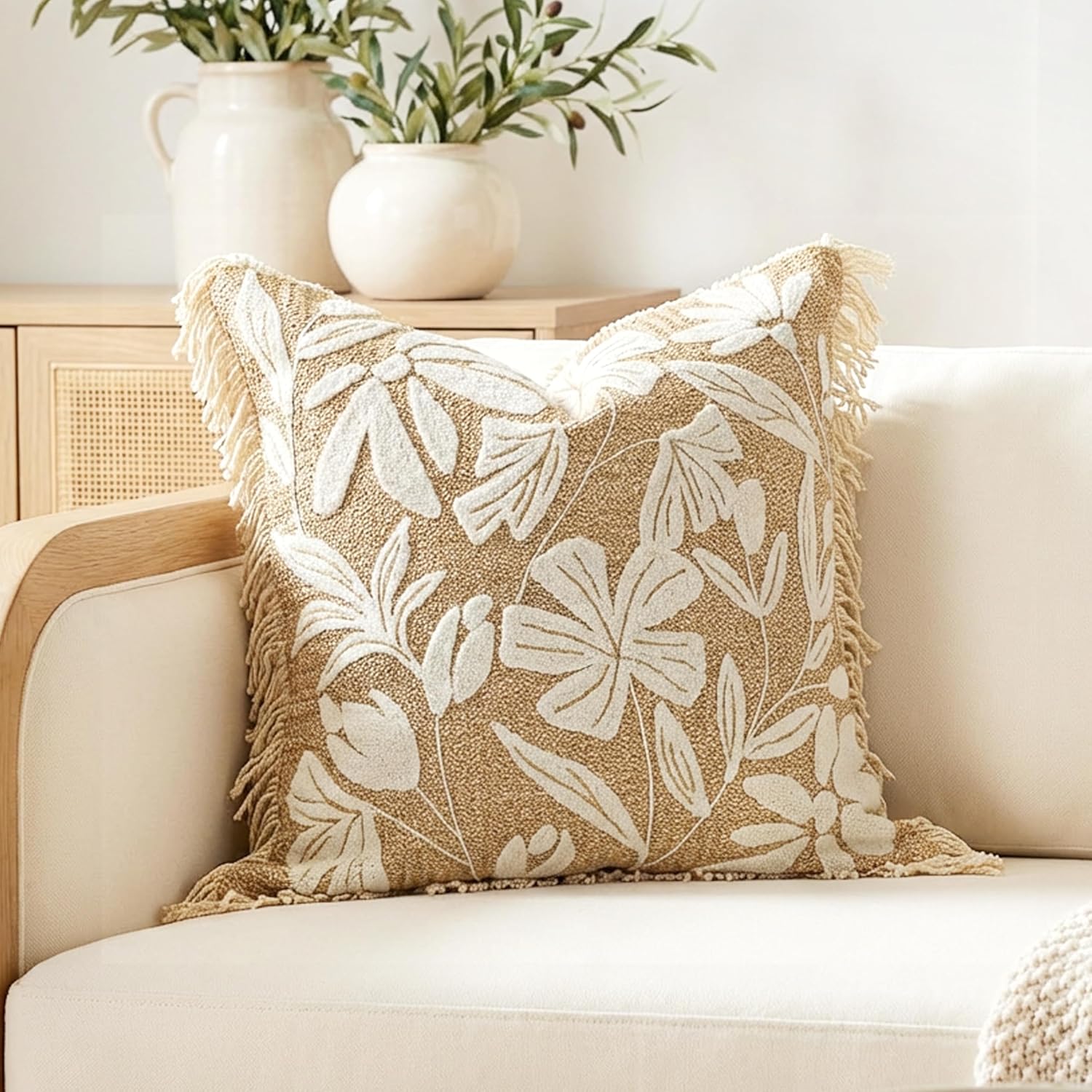 Lumbar Boho Beige Throw Pillow Cover — 20" — 20" x 20" (Pack of 1)