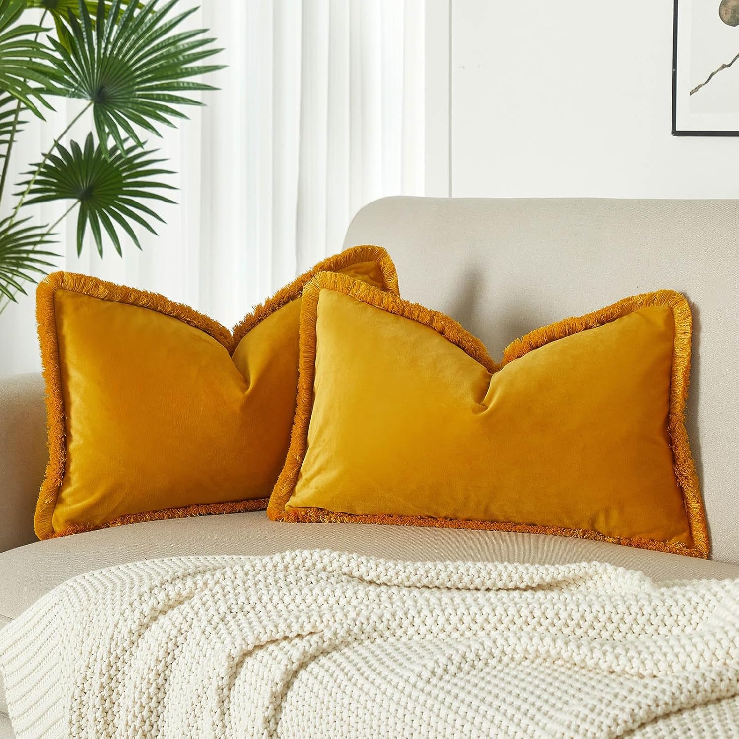 Velvet Boho Beige Throw Pillow Cover — 26" — Gold