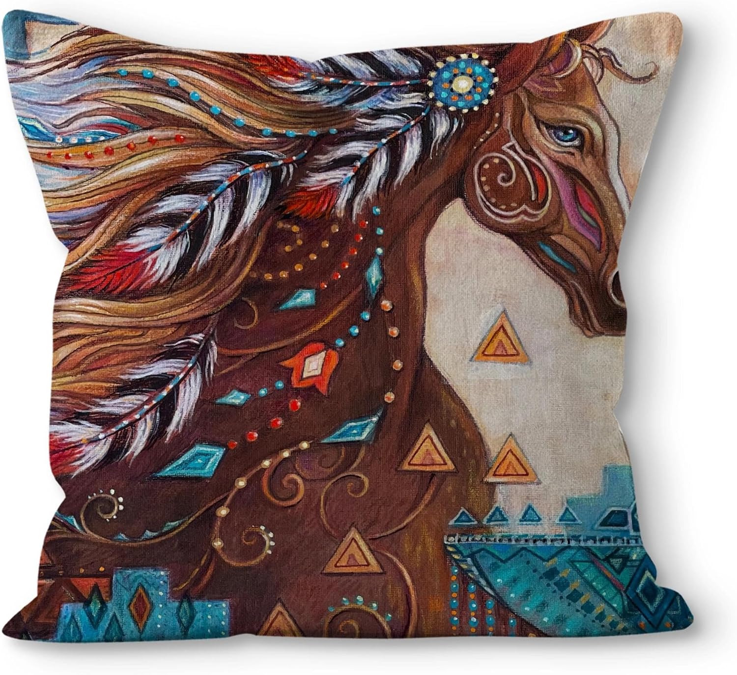 Boho Fabric Throw Pillow Cover — 18" — Horse-3