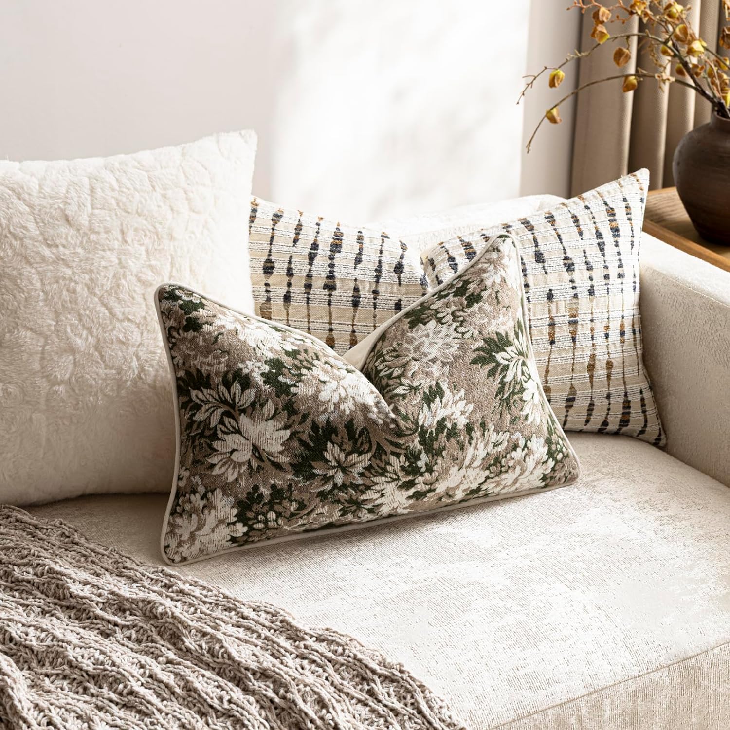 Chenille Boho Beige Pillow Cover — 20" - View 4