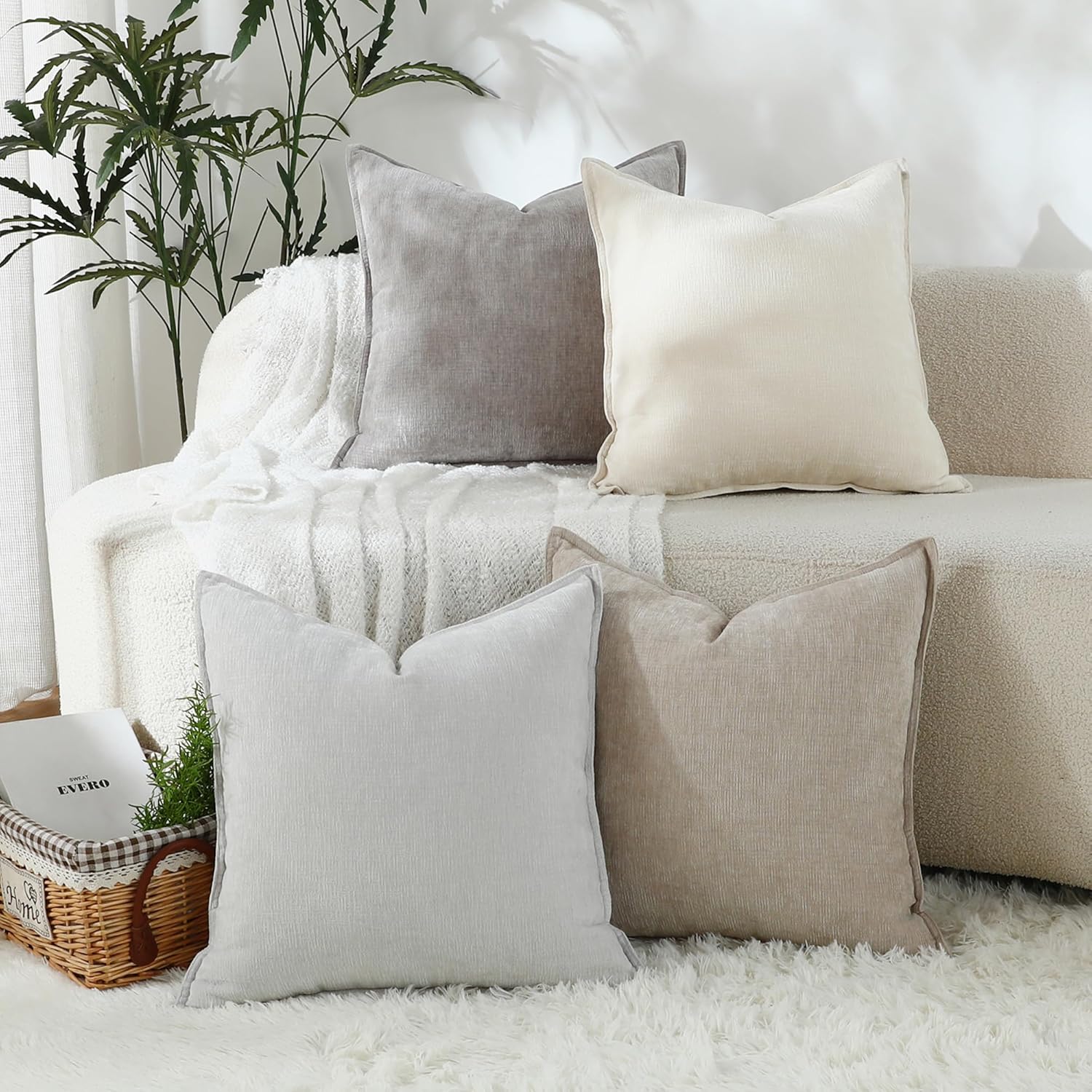 Chenille Beige Throw Pillow Cover — 20" — 18" x 18" (Pack of 4)