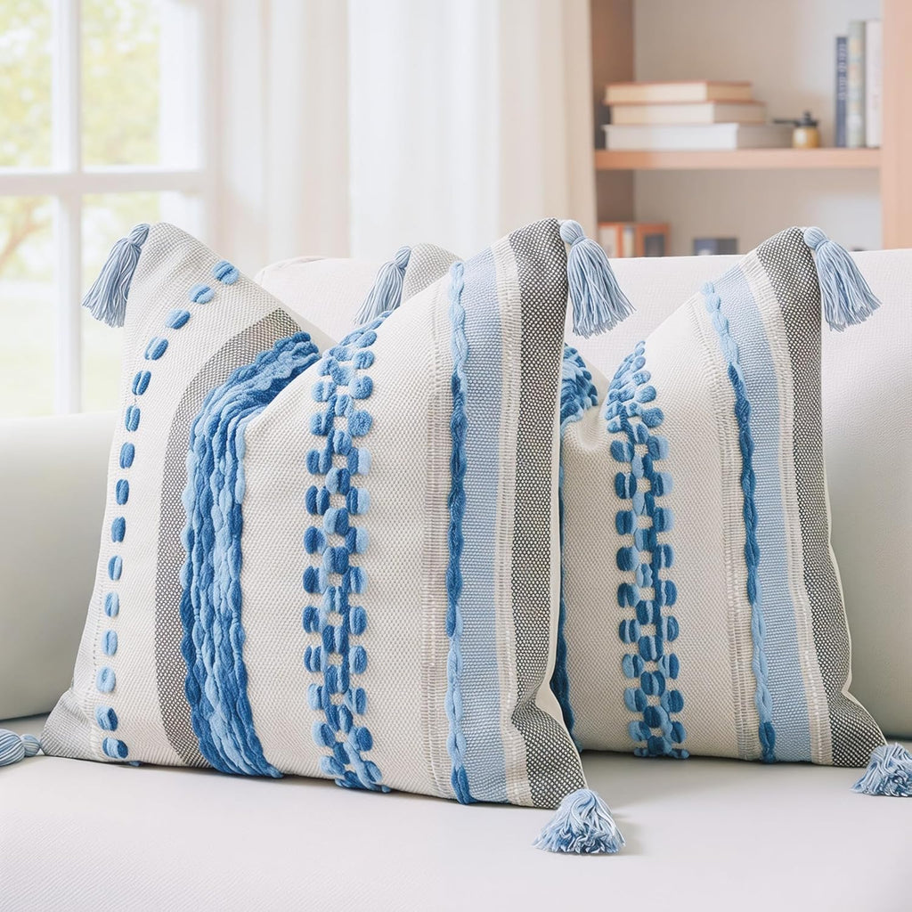 Chenille Boho Blue Throw Pillow Cover — 36" — Sky Blue Tone