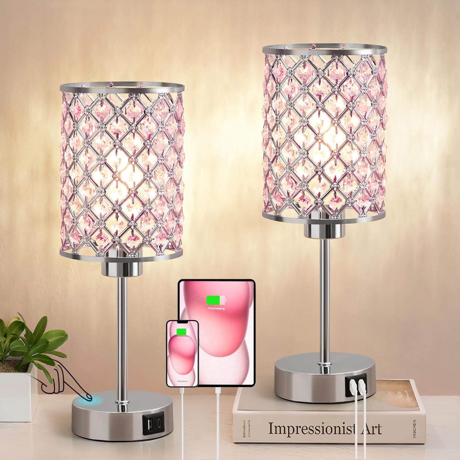 Dimmable Luxe Black Bedside Lamp — 14.75" — Pink-2