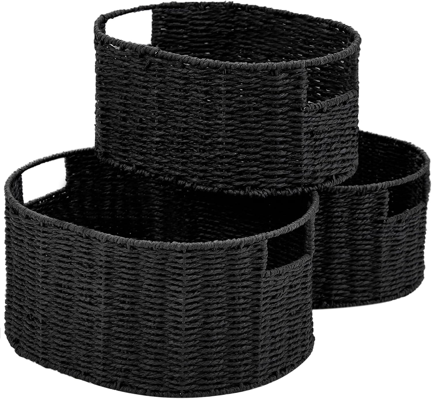 Hand-Woven Boho Beige Storage Basket — Set of 3 — Black
