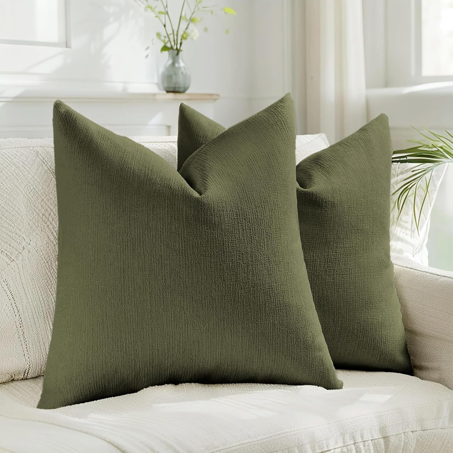 Linen Boho Beige Pillow Cover — 18" — Moss Green