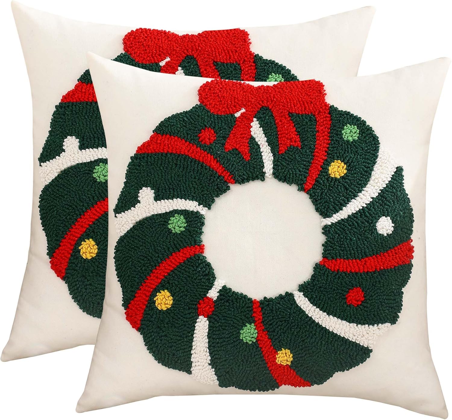 Tufted Beige Throw Pillow Cover — 18" — Christmas Garland With Bow