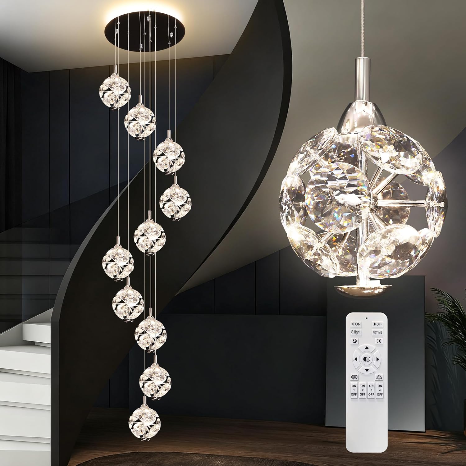 Adjustable Luxe Grey Chandelier — 10-Light — White Crystal Spiral