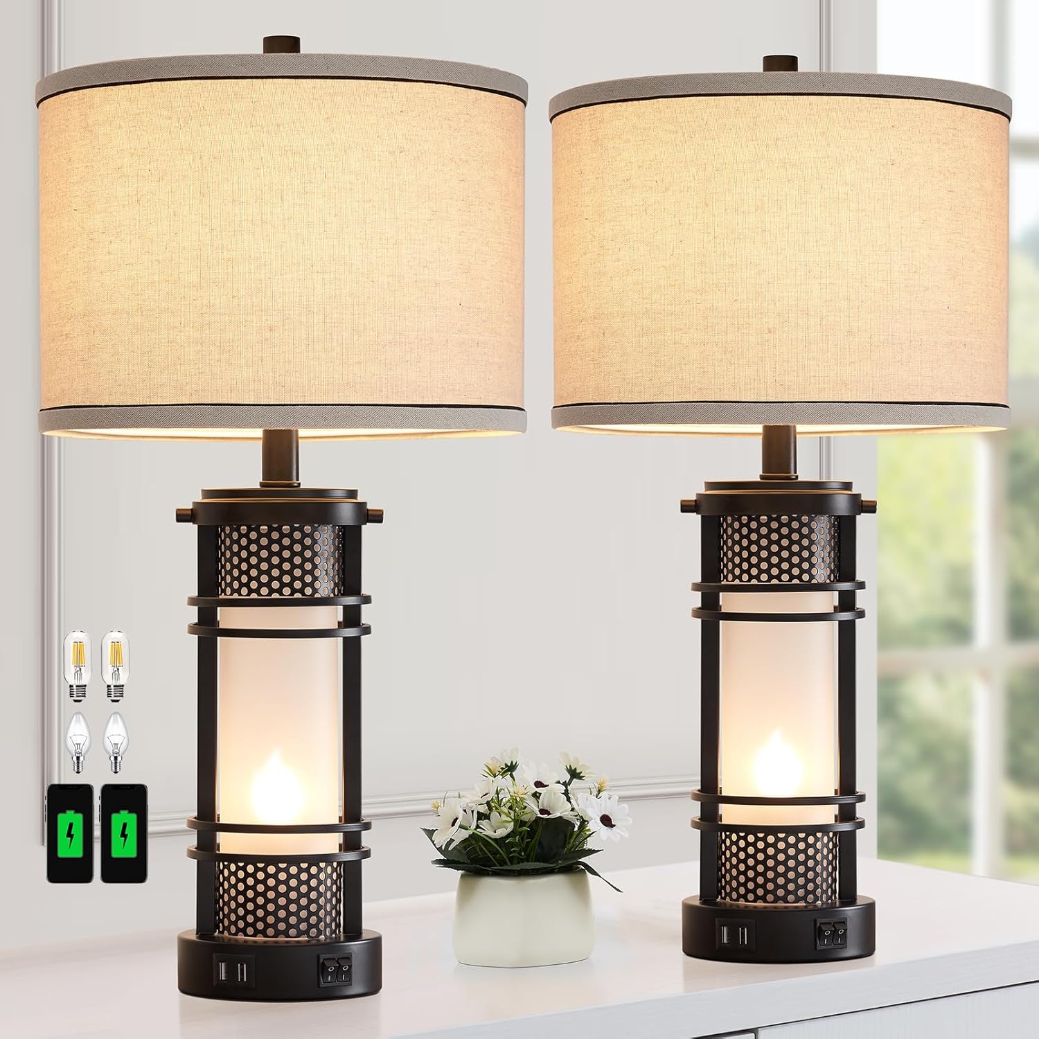 USB Charging Farmhouse Black Table Lamp — Set of 2 — Black