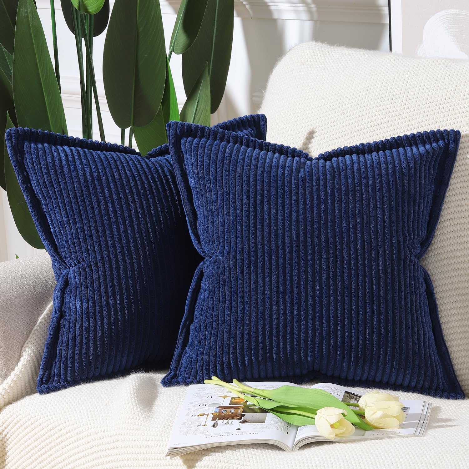 Boho Beige Throw Pillow Cover — 18" — Dark Blue