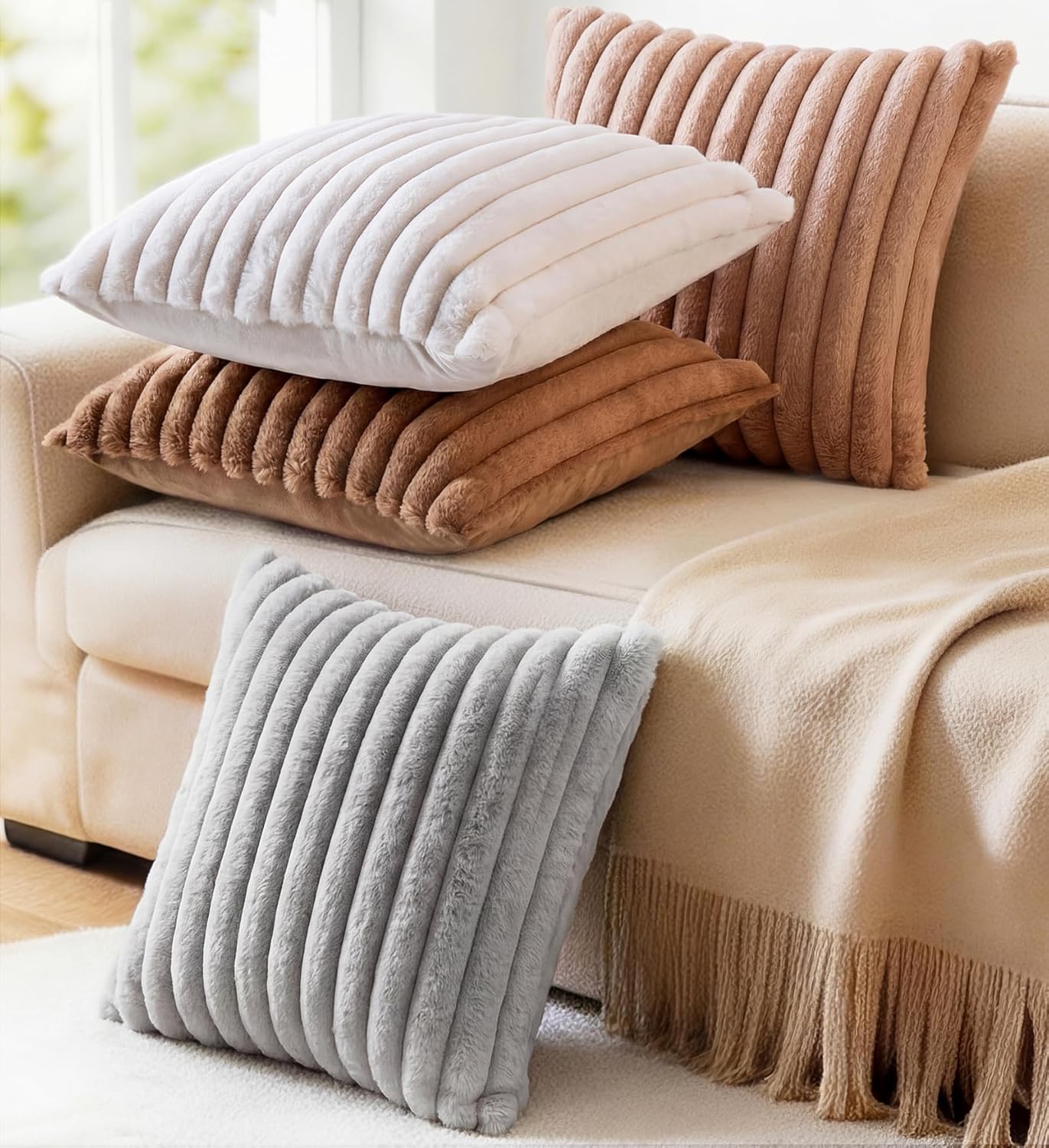 Velvet Farmhouse Beige Throw Pillow Cover — 18" - View 6