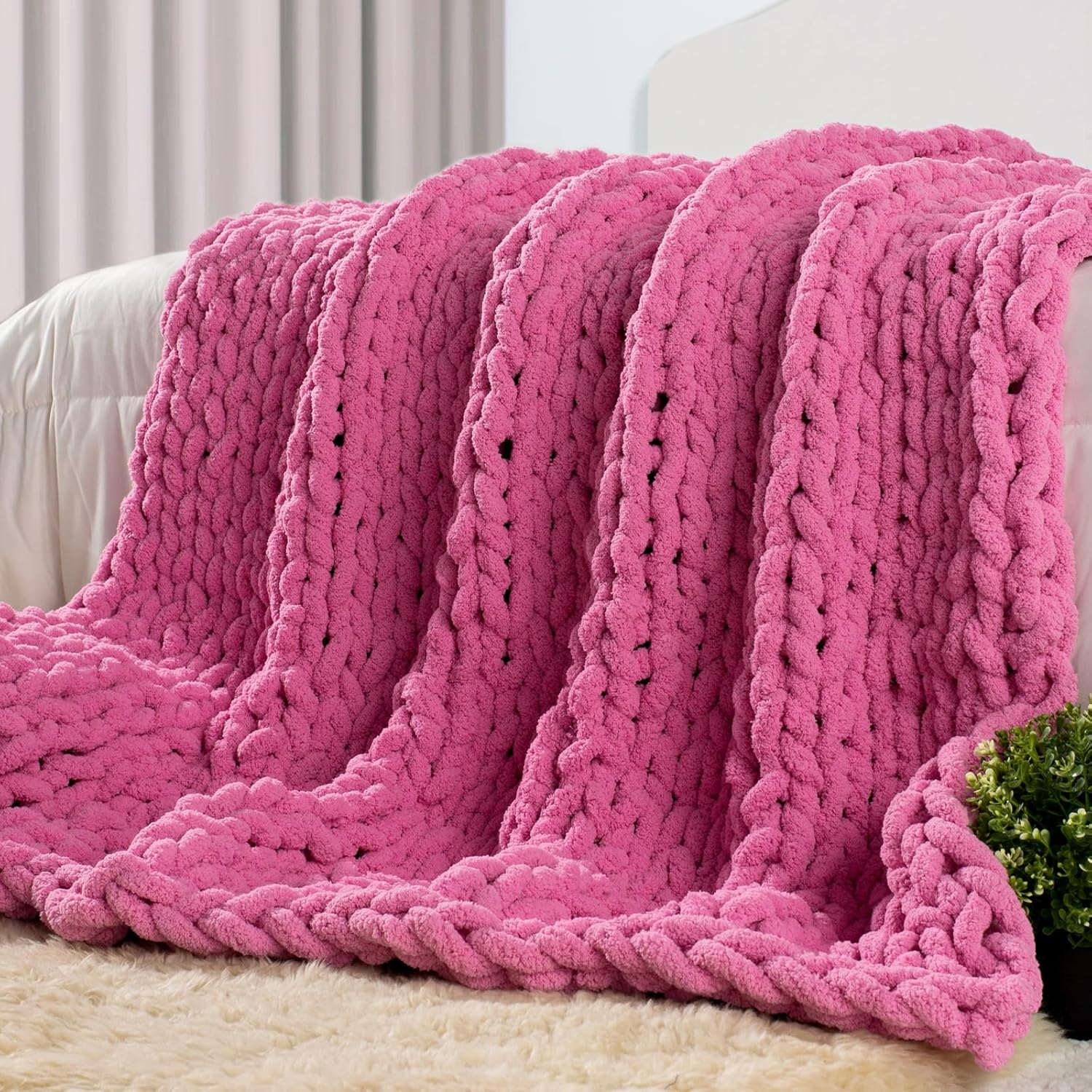 Knit Boho Beige Throw Pillow — 50" — Hot Pink