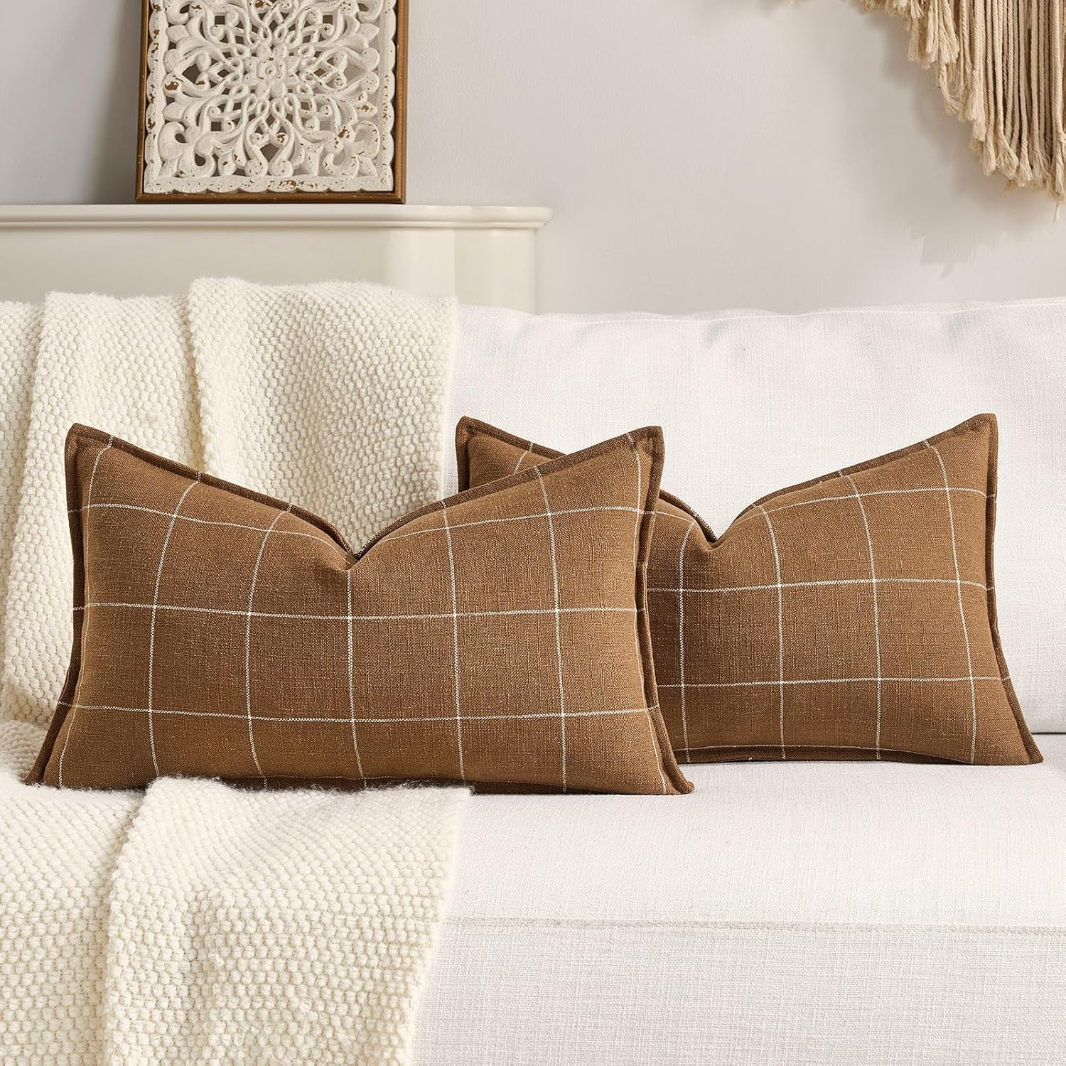 Linen Boho Beige Throw Pillow Cover — 20" — Brown Lumbar Plaid Set of 2