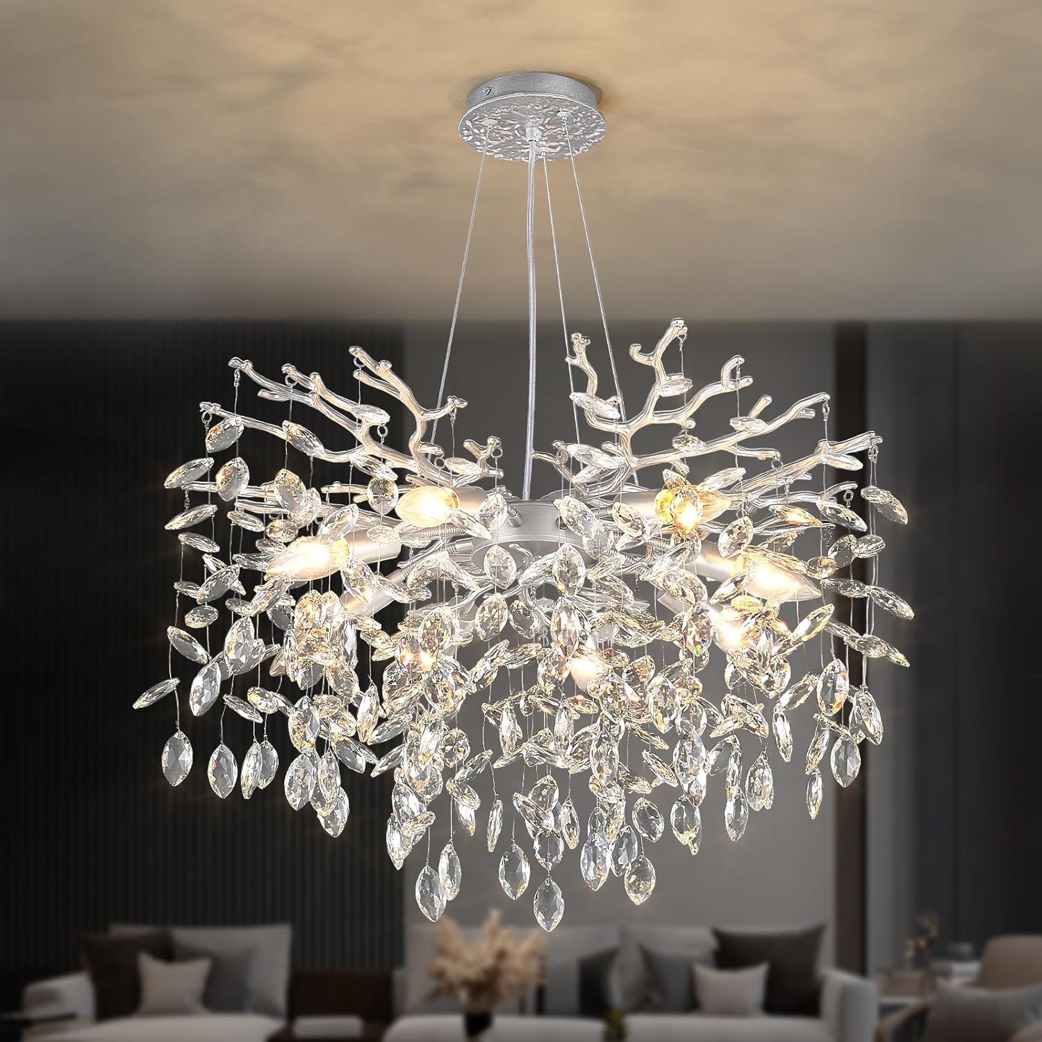 Round Luxe Black Chandelier — 10-Light — Silver