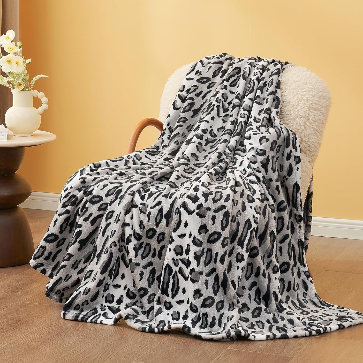 Beige Throw Pillow — 50" — Silvery Leopard