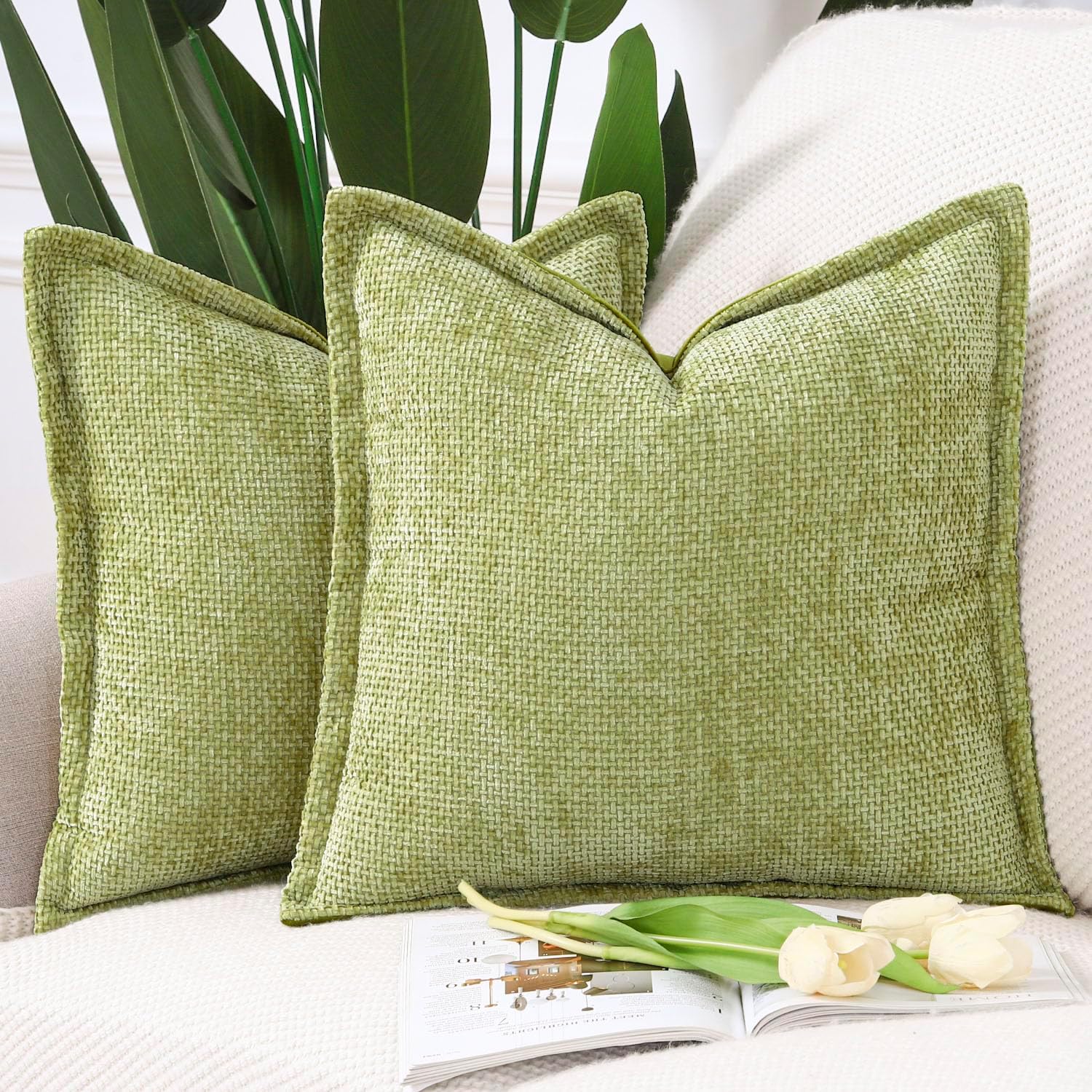 Velvet Boho Beige Throw Pillow Cover — 18" — Light Green