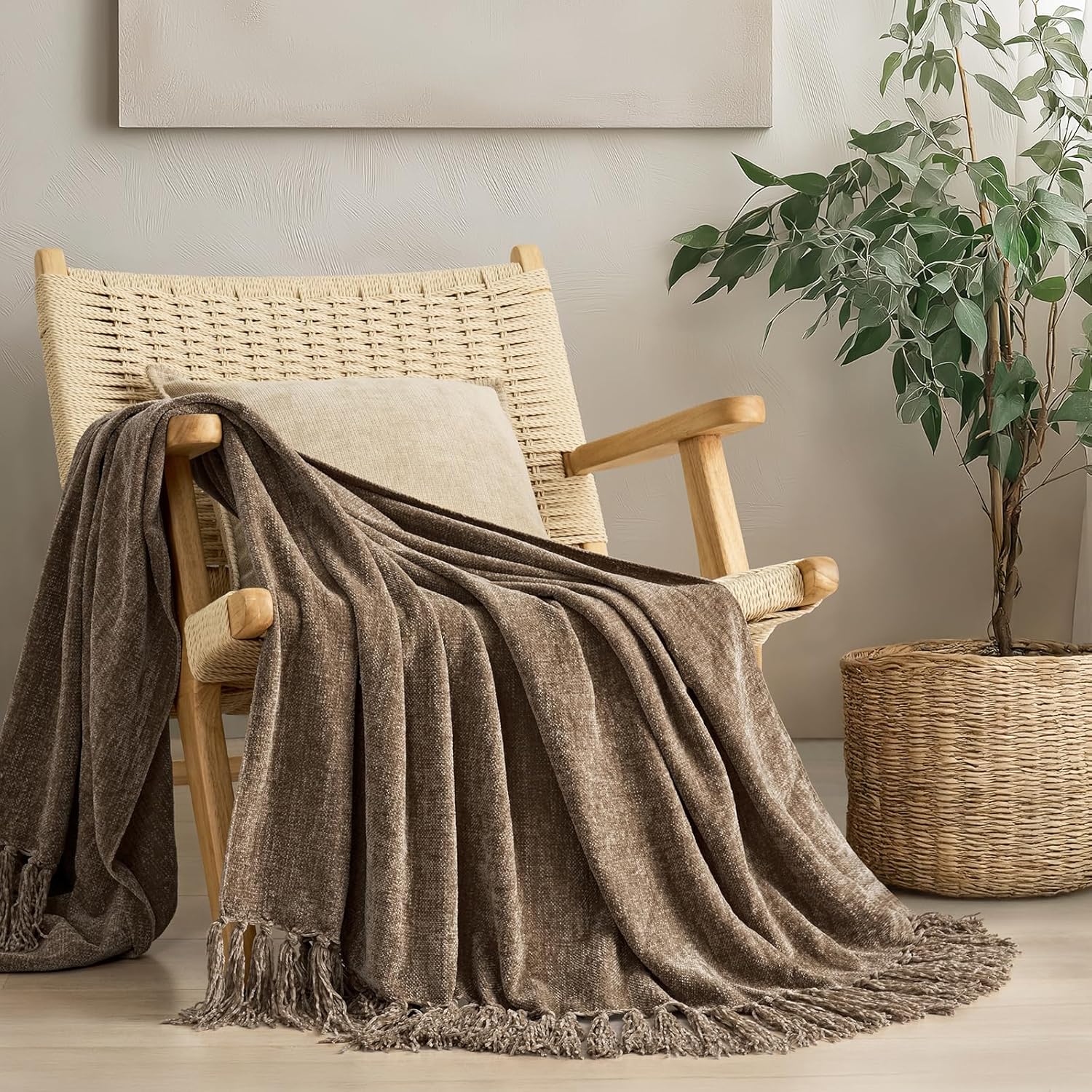 Knit Boho Beige Throw Pillow — 50" — Mocha Brown